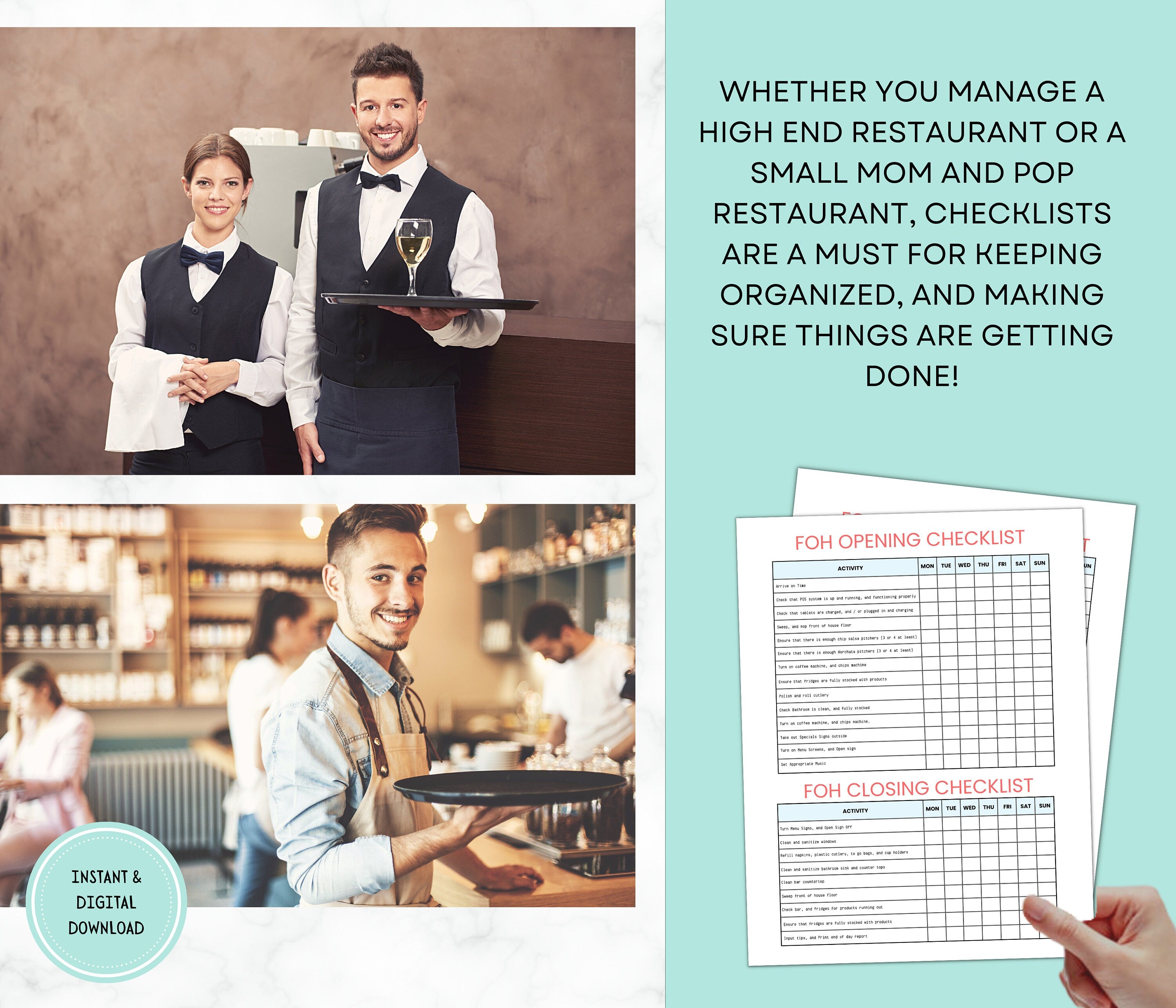 Restaurant Templates Starter Pack, Cleaning Checklist, Restaurant Manager, Restaurant Owner,Weekly Checklist, Server, Waiter,Canva Template