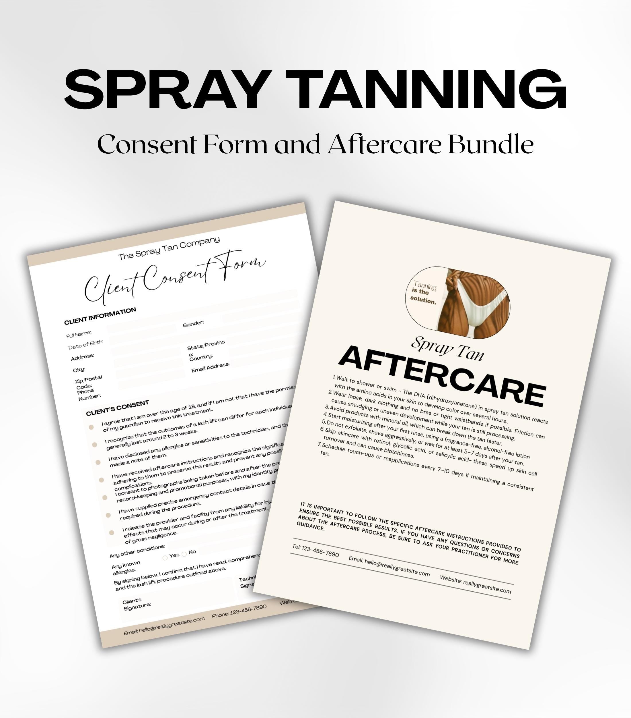 Spray Tan Business Forms, Spray Tanning Consultation Forms, Spray Tan Aftercare, Consent Form, Aftercare Cards, Spray Tan Aftercare Forms