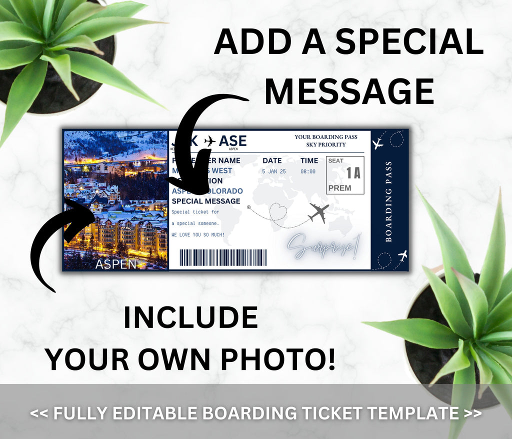 Aspen Surprise Boarding Pass Template, DIY Vacation Gift (Canva Editable)