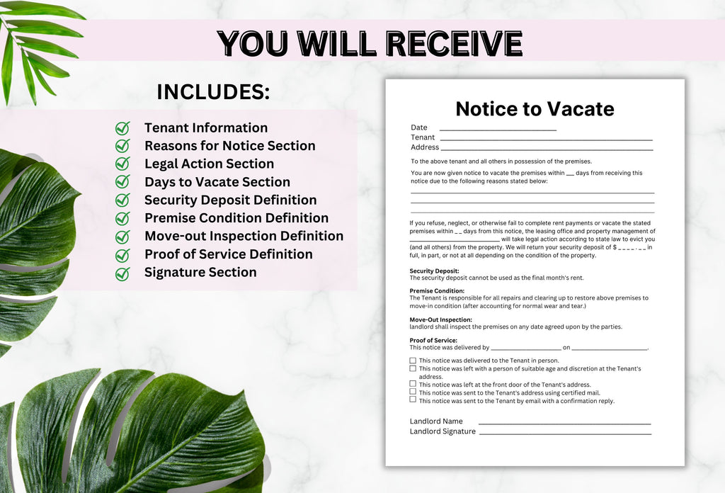 Notice to Vacate Template, Eviction Letter, Landlord Forms (PDF)