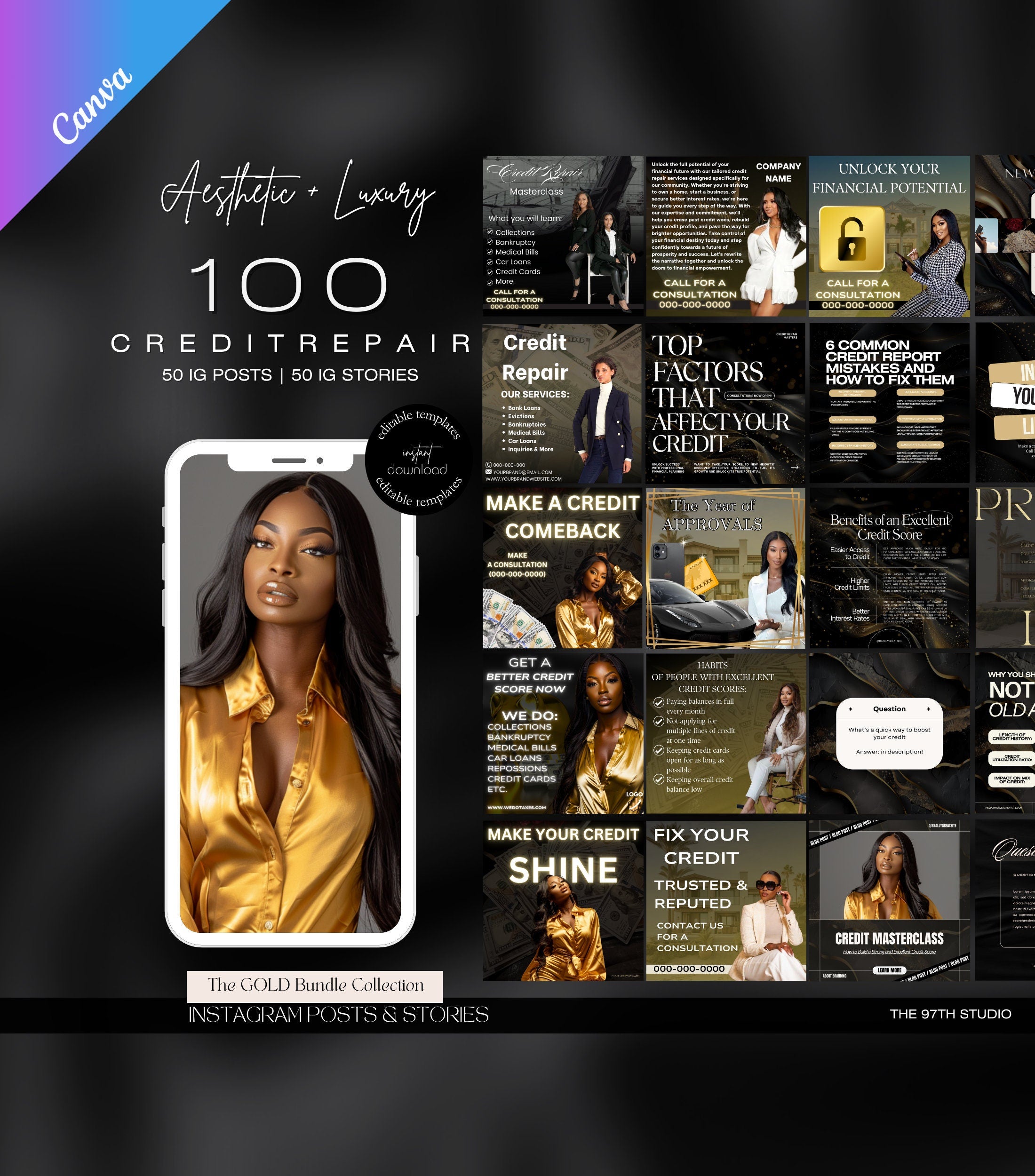 Gold Credit Repair Instagram Templates | Credit Repair Posts | Credit Repair Flyer | Credit Repair Business IG Posts Social Media Marketing
