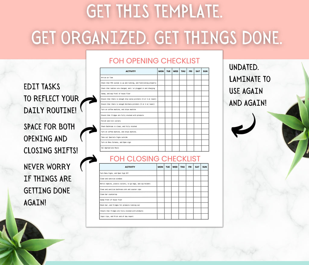 Restaurant Templates Starter Pack, Cleaning Checklist, Restaurant Manager, Restaurant Owner,Weekly Checklist, Server, Waiter,Canva Template