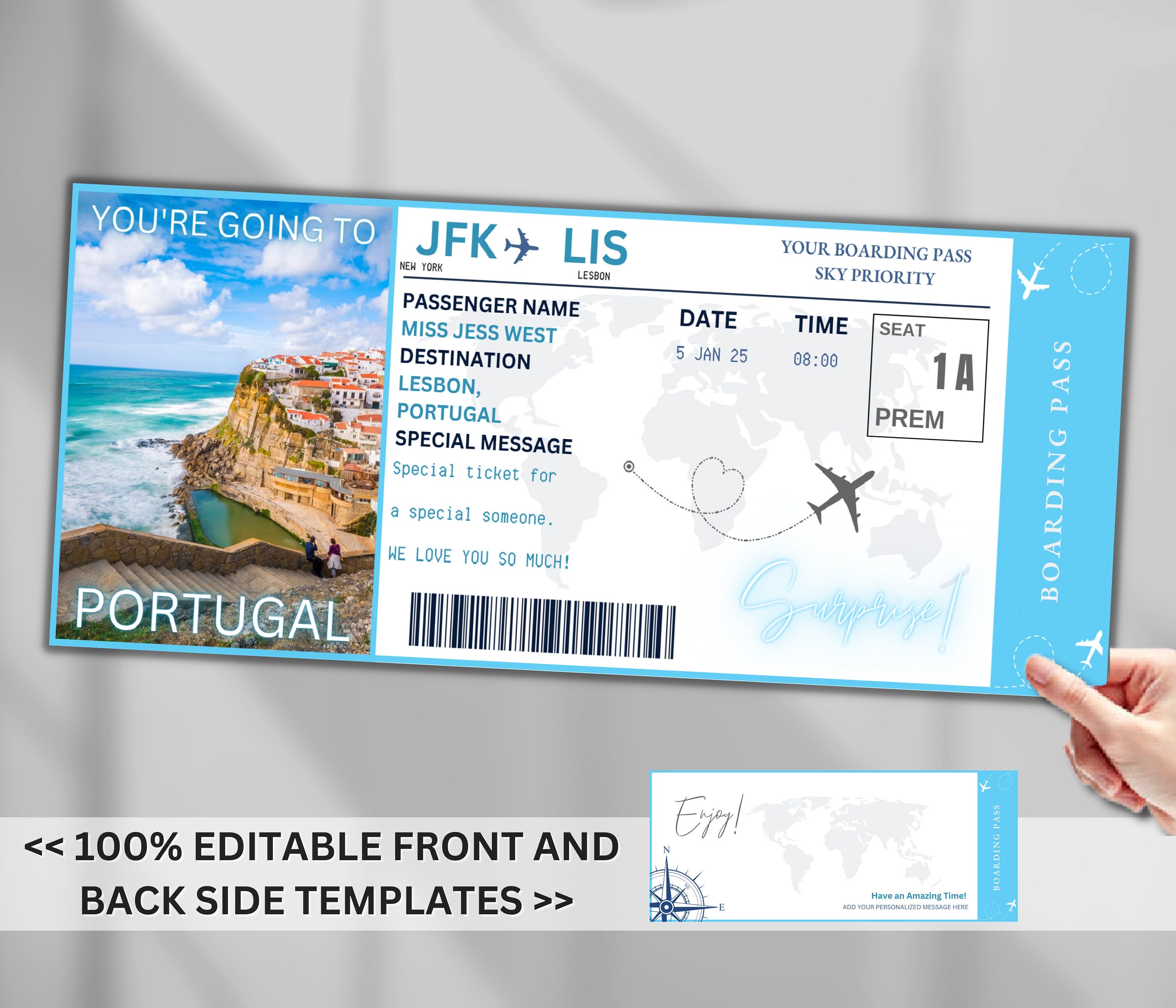 EDITABLE Surprise Portugal Boarding Ticket Template, Canva Airplane Boarding Pass, Ticket Vacation Flight Gift Fake Ticket Canva Template