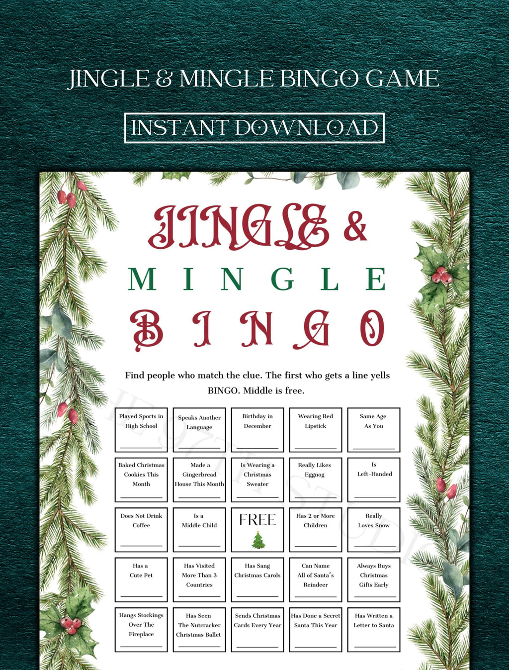 Christmas Jingle & Mingle Bingo Game | Office Christmas Party Game | Christmas Family Game | Printable Christmas Game | Xmas Party Game