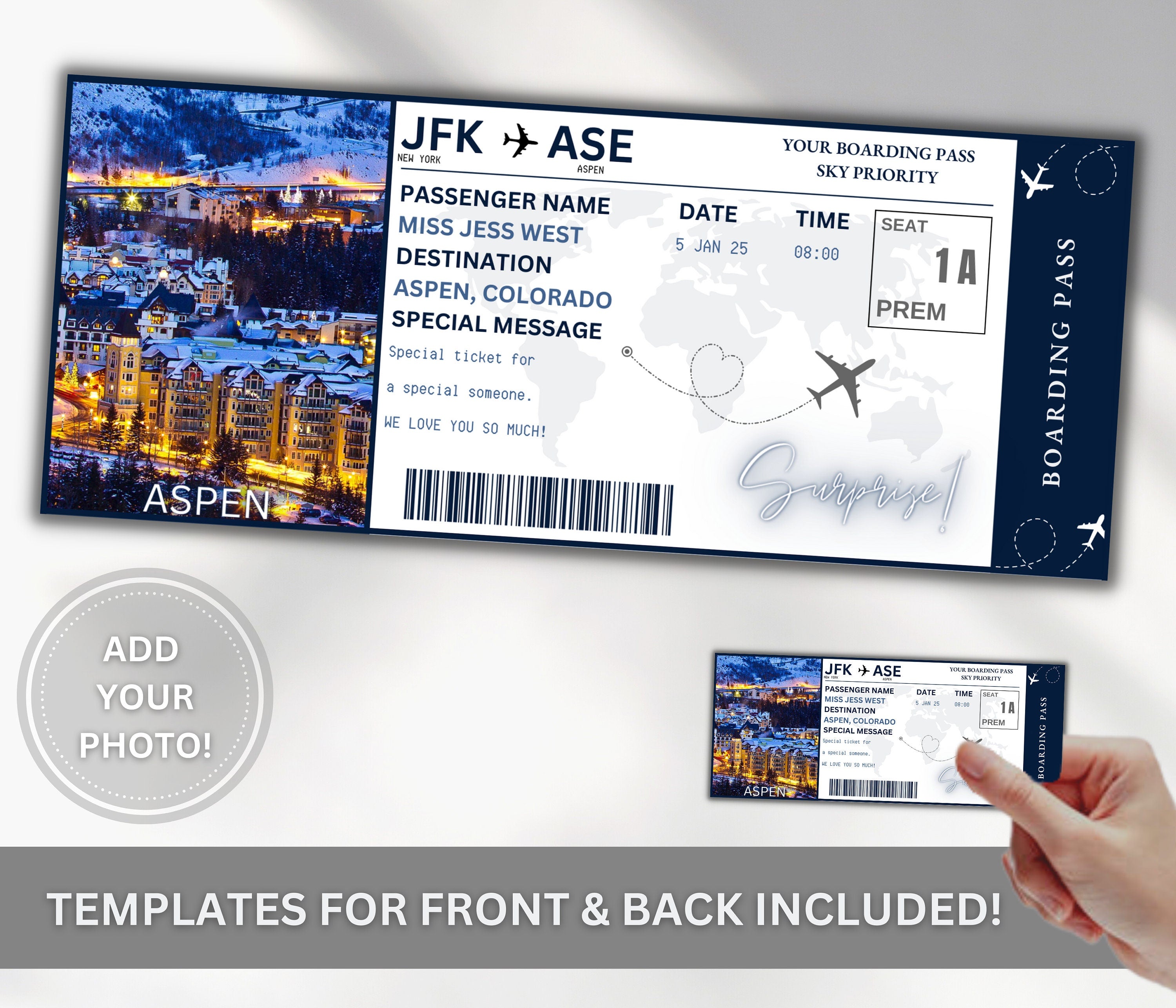 Aspen Surprise Boarding Pass Template, DIY Vacation Gift (Canva Editable)