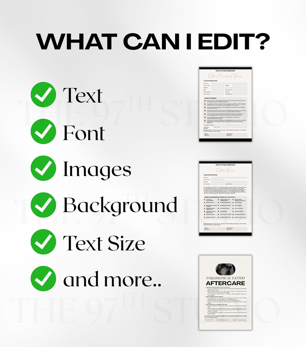 Paramedical Tattoo Business Forms, Paramedical Tattoo Client Intake Forms, Paramedical Tattoo Aftercare, Consent Form, Tattoo Aftercare Card