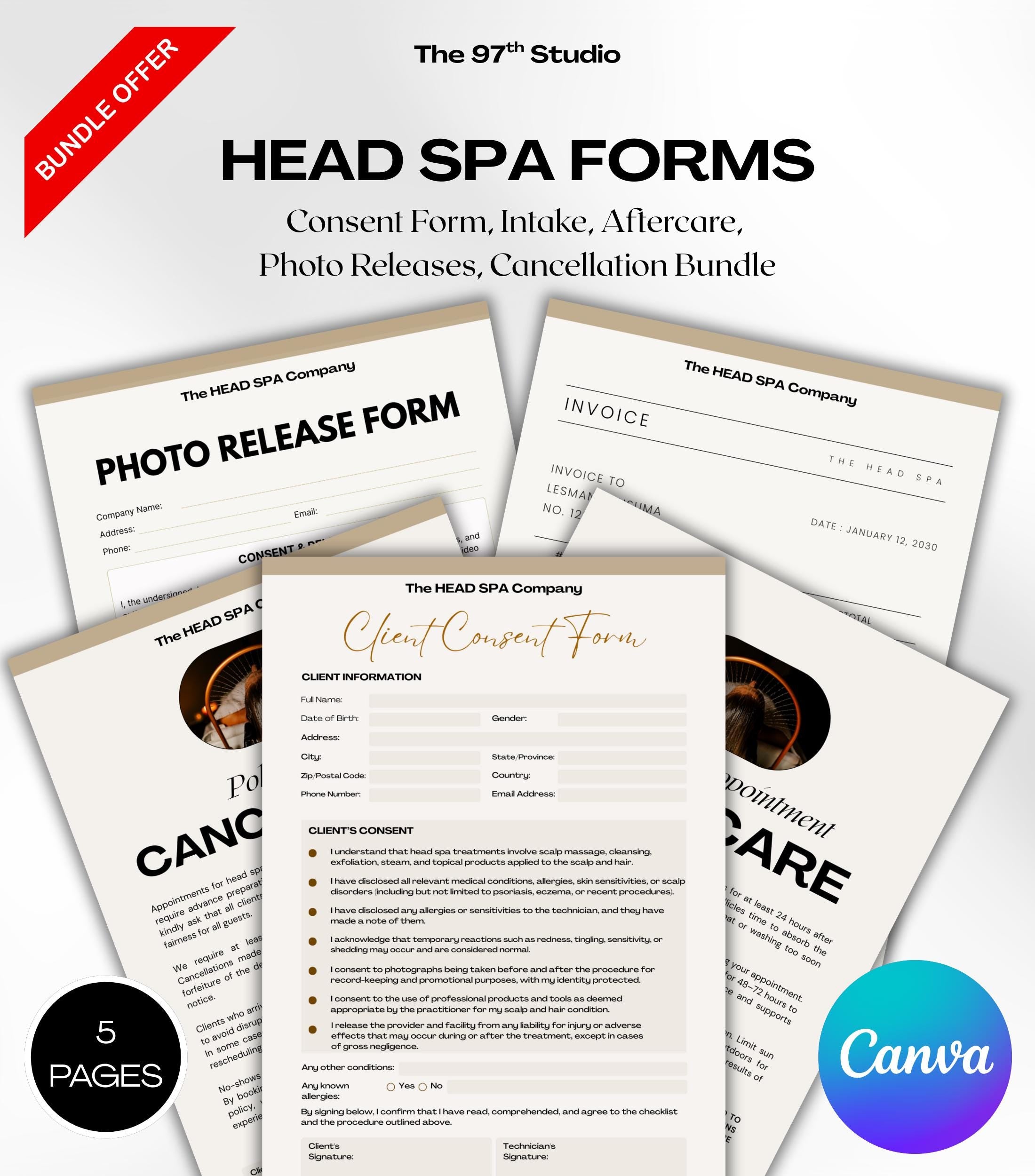 Headspa Business Forms, Headspa Consultation Forms, Headspa Therapy Aftercare, Consent Form, Aftercare Instructions, Photo Release Forms
