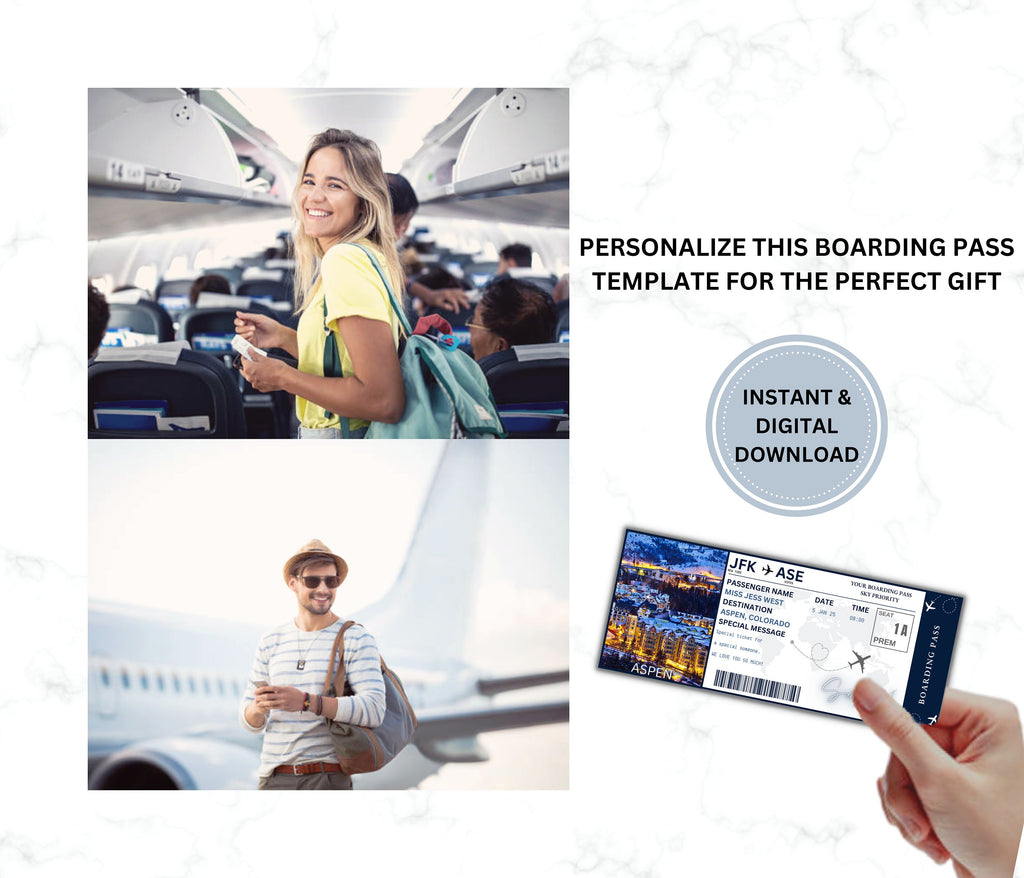 Aspen Surprise Boarding Pass Template, DIY Vacation Gift (Canva Editable)