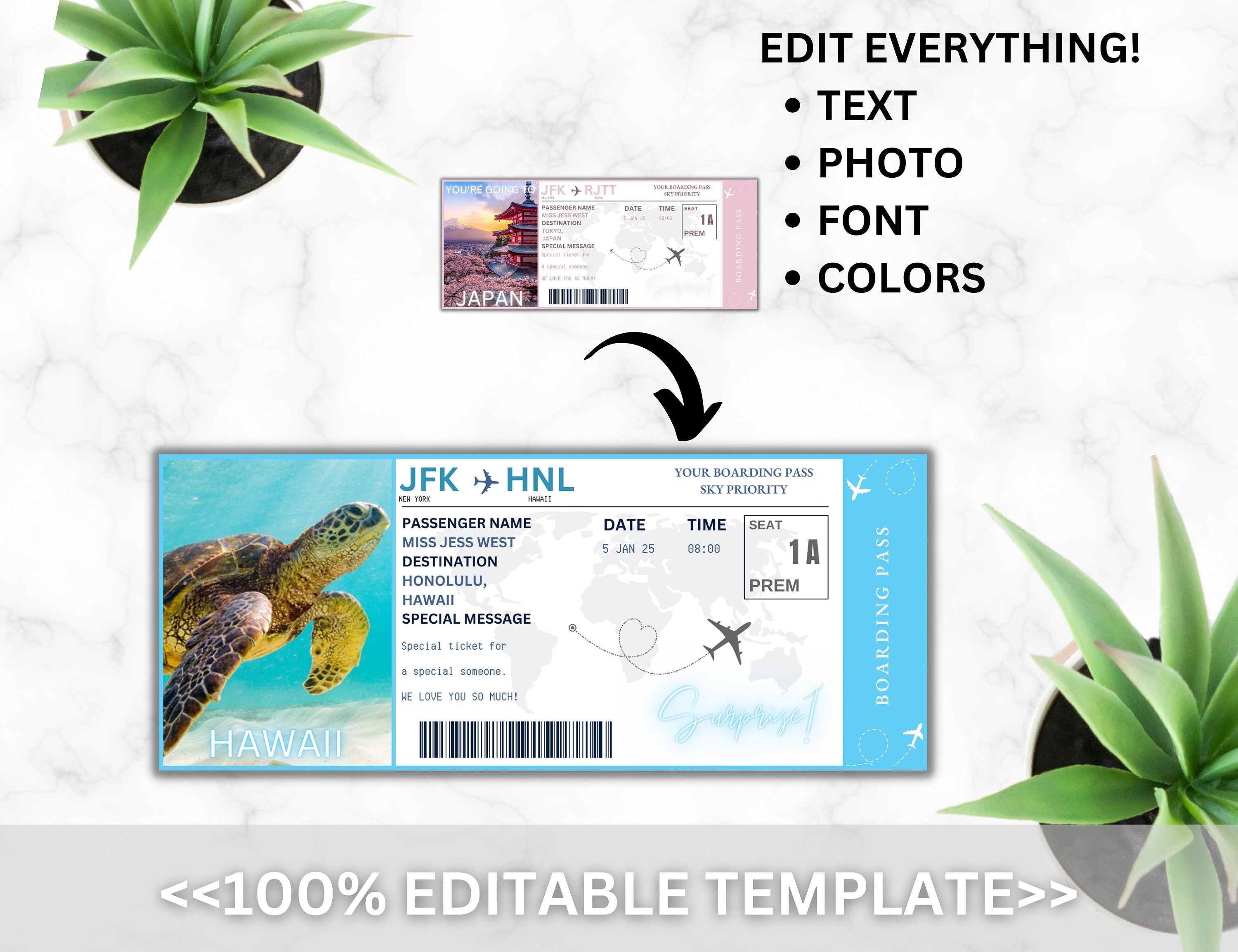 Editable Japan Boarding Pass Template, Surprise Vacation Ticket (Canva, Digital Download)