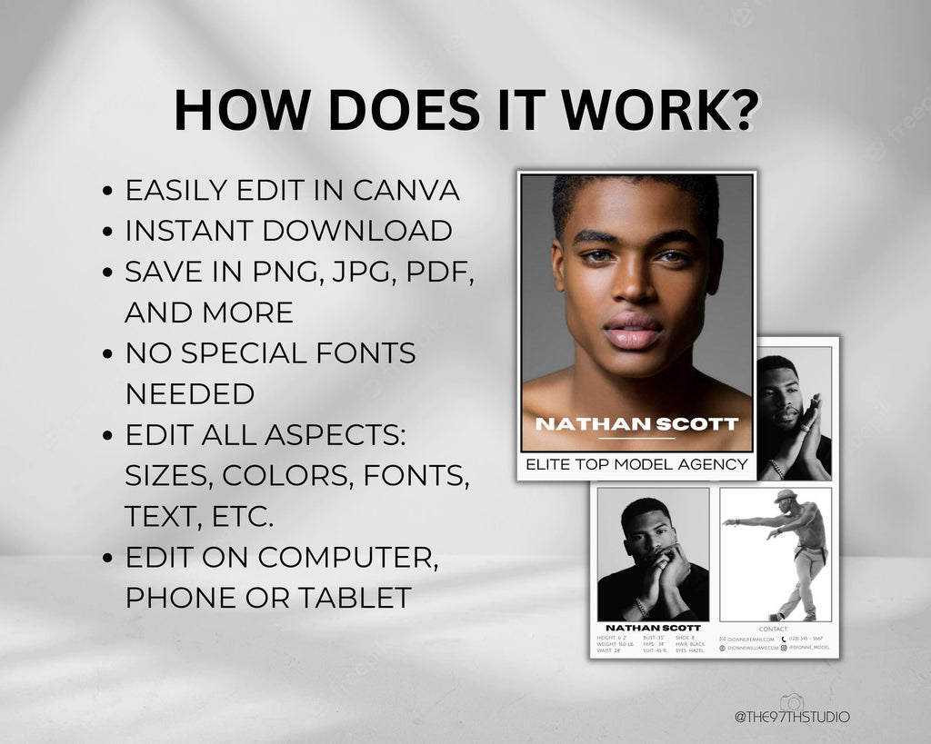 Male Model COMP CARD Template, Modeling Photocard, Zed Card for Models, Z Card, Fashion Resume Card, Modeling Comp Card, Editable Template