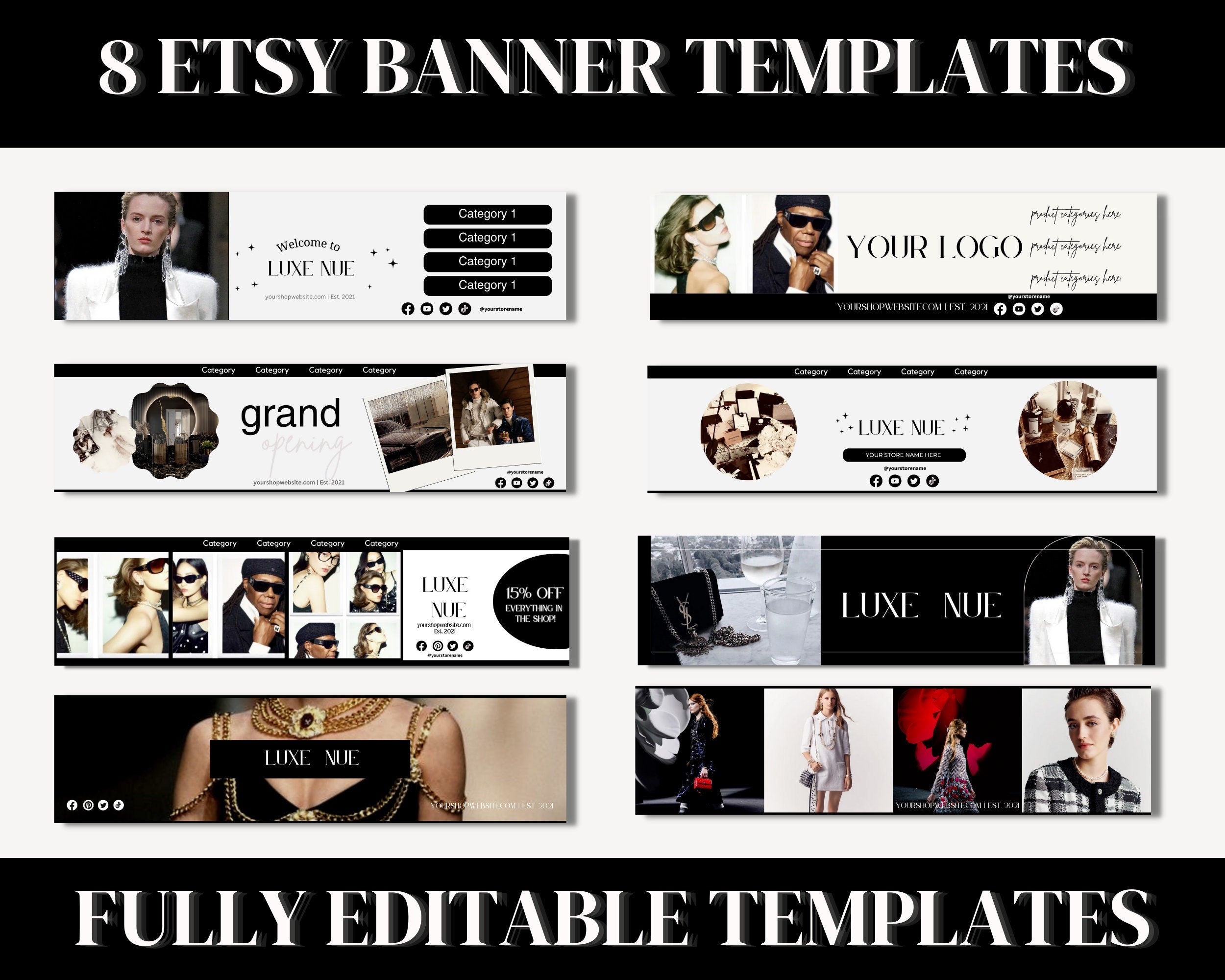 Etsy Shop Kit Canva, Branding and Logo Kit Modern Black and White, Etsy Shop Banner, Etsy Listing Photos, Fashion Etsy Shop Branding Bundle