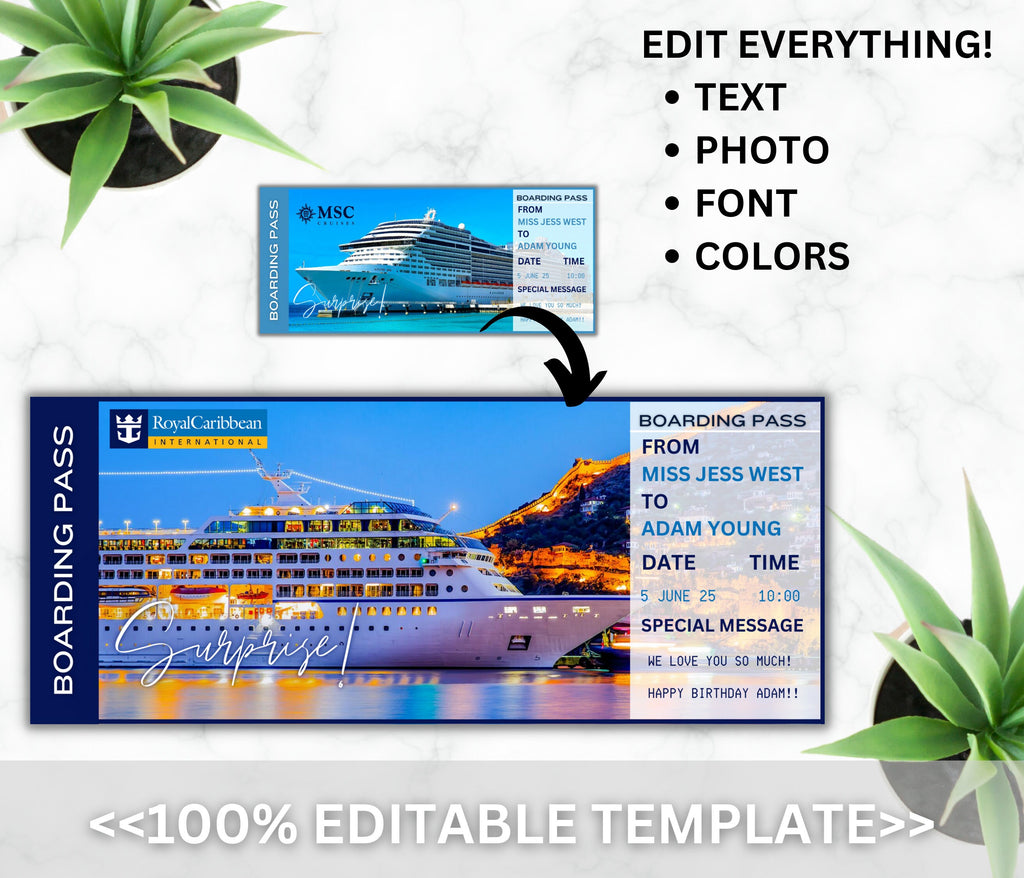 Editable Cruise Boarding Pass Template, Surprise Vacation Ticket (Digital Download)