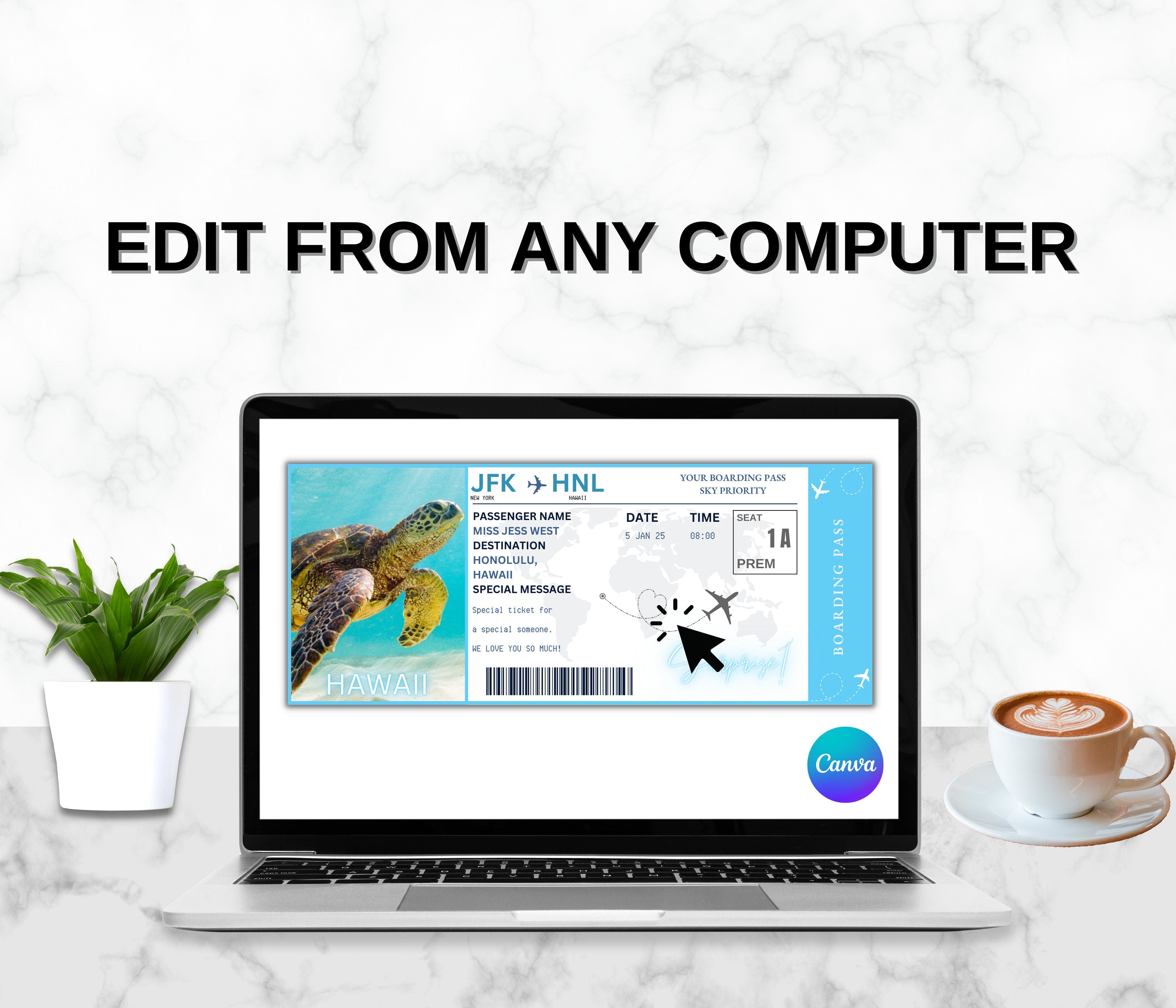 Editable Hawaii Boarding Pass Template, Surprise Vacation (Digital Download)