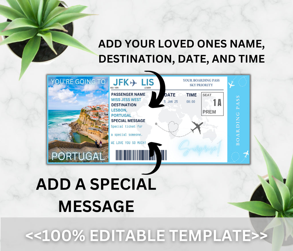 EDITABLE Surprise Portugal Boarding Ticket Template, Canva Airplane Boarding Pass, Ticket Vacation Flight Gift Fake Ticket Canva Template