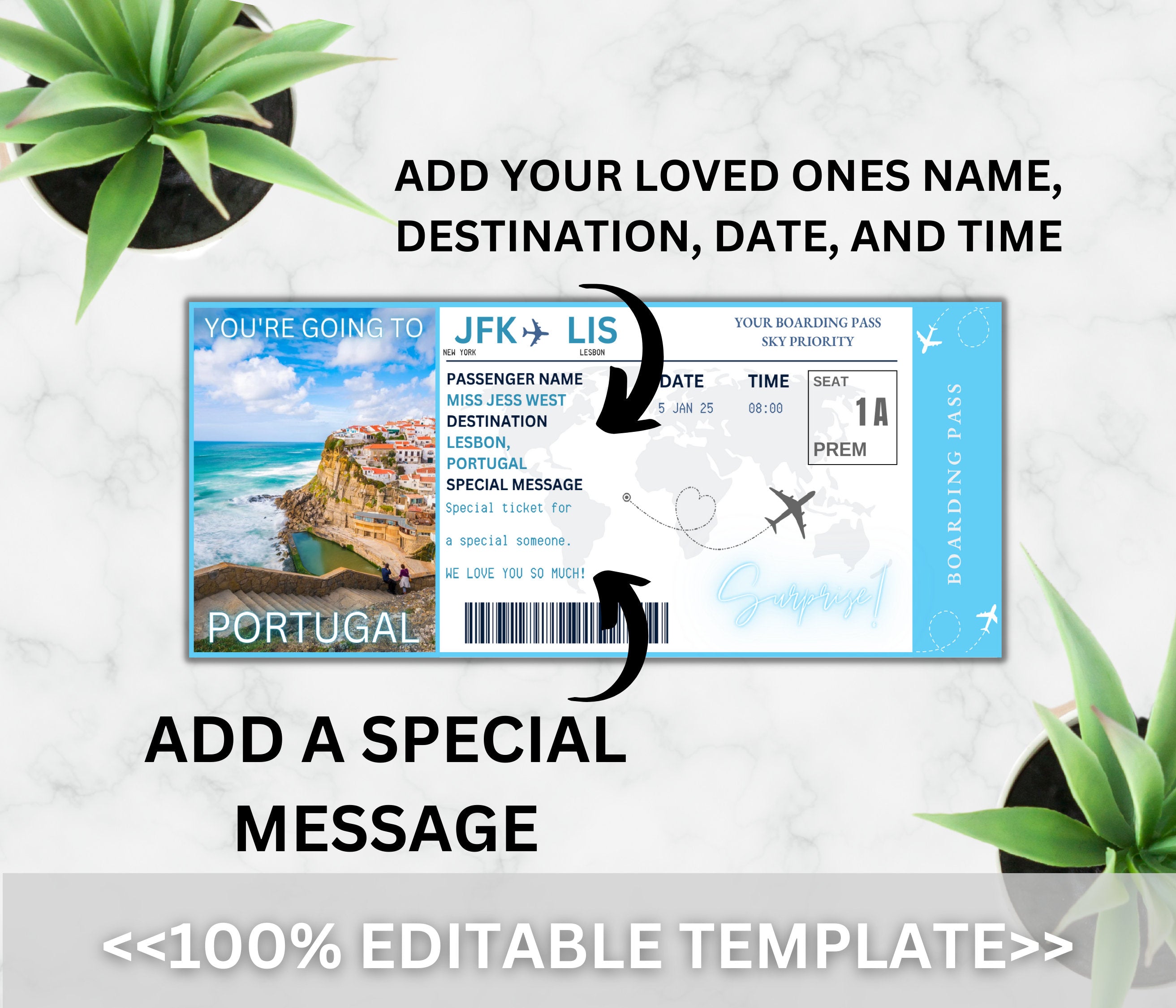 EDITABLE Surprise Portugal Boarding Ticket Template, Canva Airplane Boarding Pass, Ticket Vacation Flight Gift Fake Ticket Canva Template