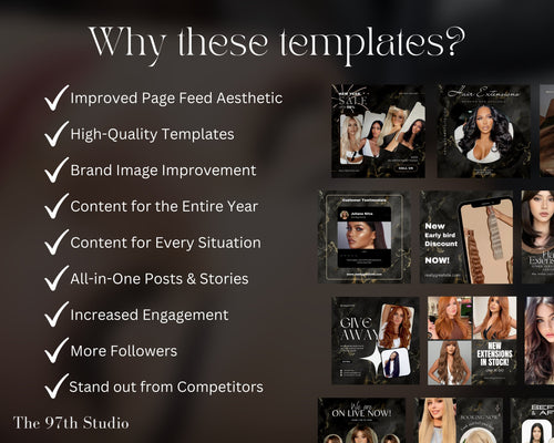 100 Instagram Template Posts for Hair Extension Business, Hair Extension Marketing, Hair Extension Instagram Posts and Stories,Hair Boutique
