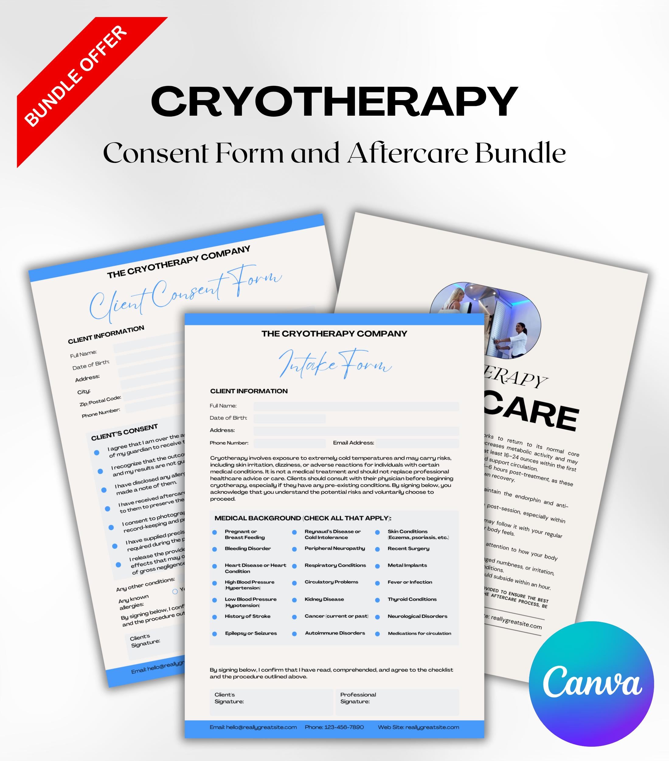 Cryotherapy Business Forms, Cryotherapy Client Intake Forms, Cryotherapy Aftercare, Consent Form, Cryotherapy Aftercare Instructions Card