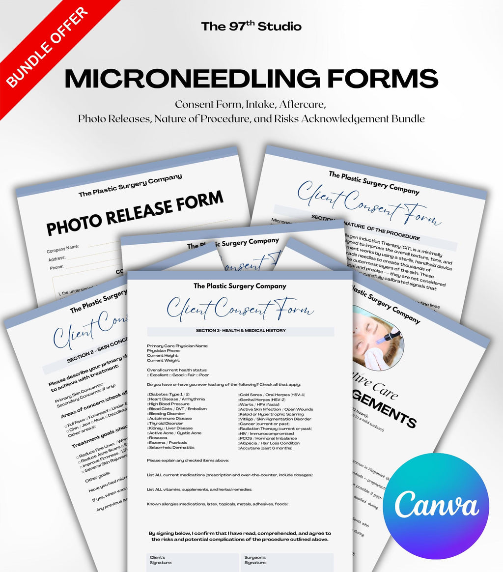 MICRONEEDLING Forms Bundle, Medspa Client Intake, Consent, Photo Release, Aftercare Forms (Canva Template) Medical Form Templates