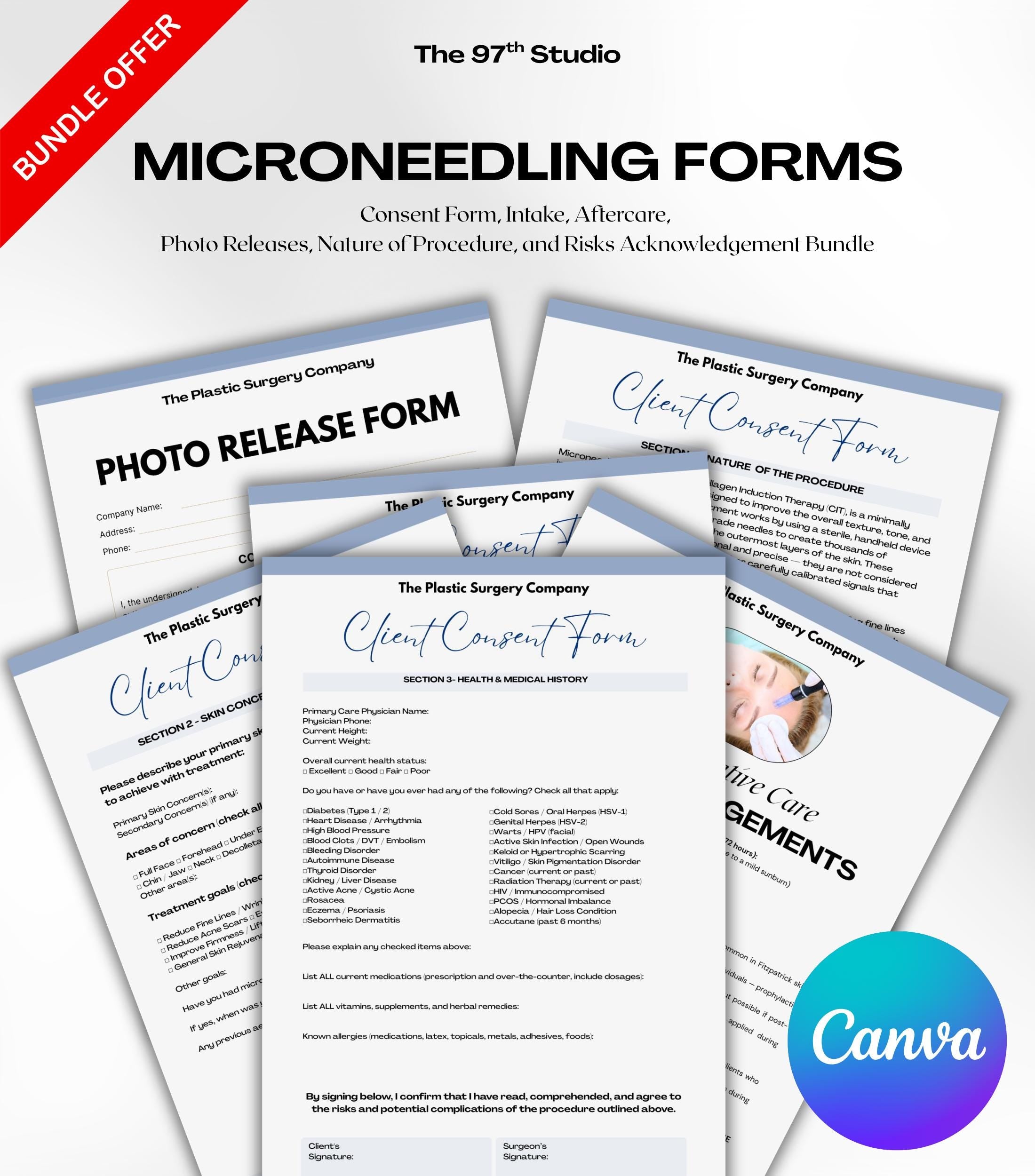 MICRONEEDLING Forms Bundle, Medspa Client Intake, Consent, Photo Release, Aftercare Forms (Canva Template) Medical Form Templates