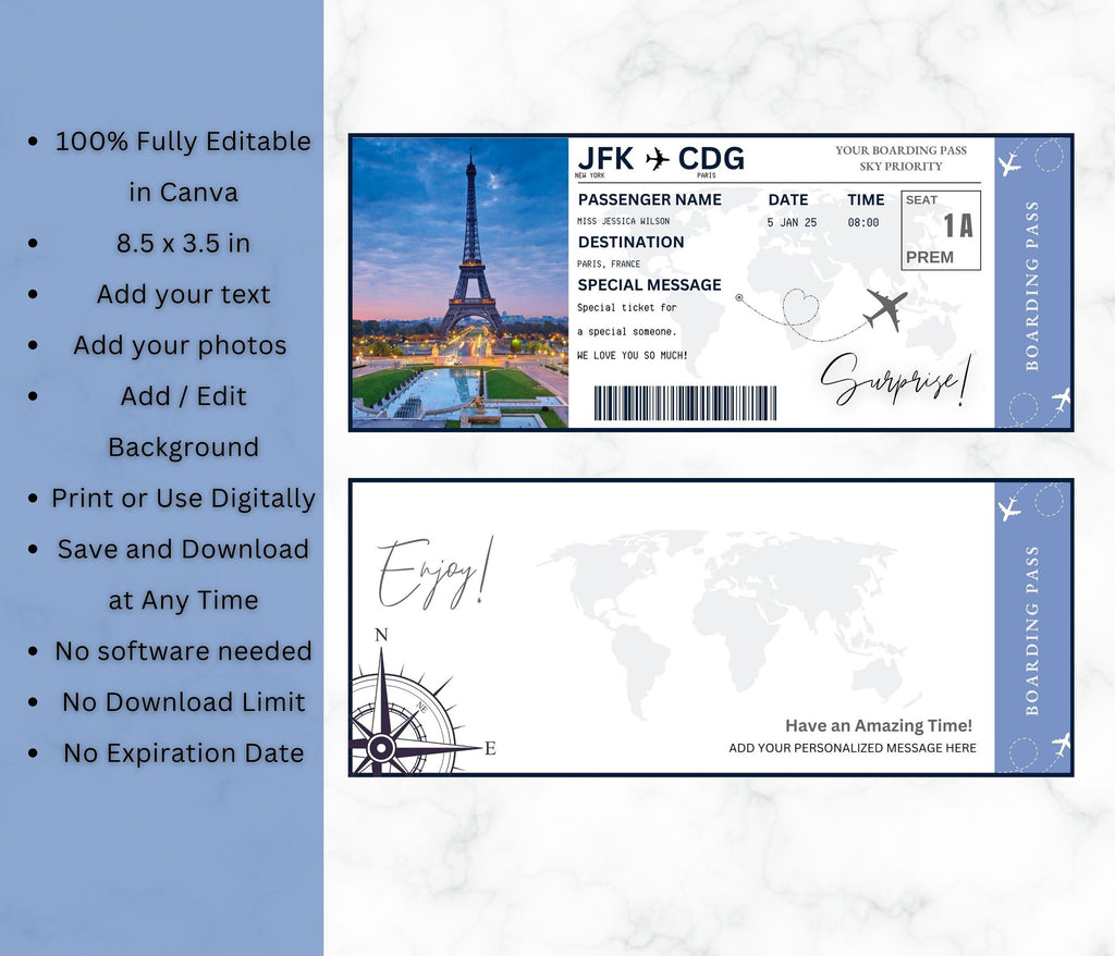 Editable Surprise Boarding Pass Template, DIY Printable (PDF)
