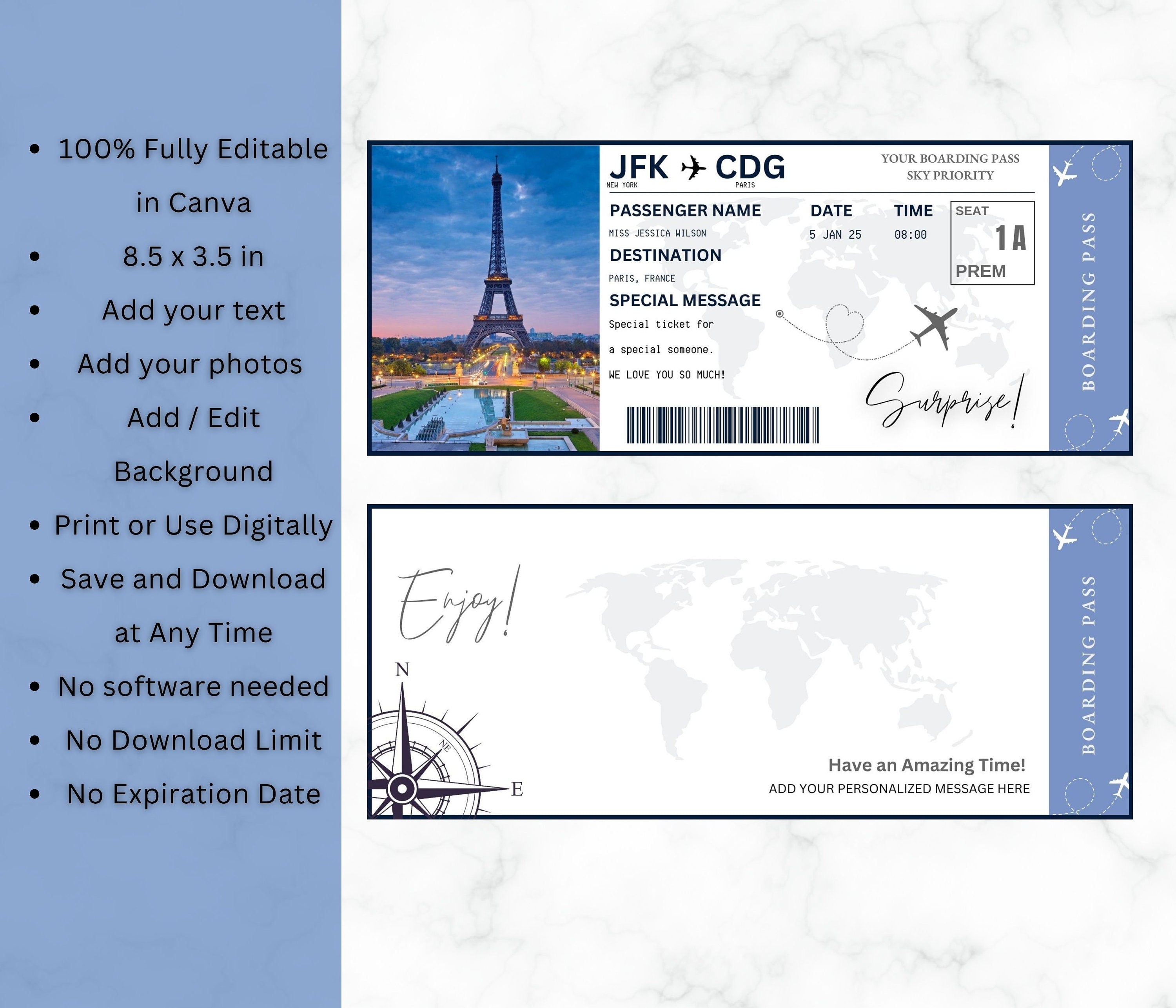Editable Surprise Boarding Pass Template, DIY Printable (PDF)