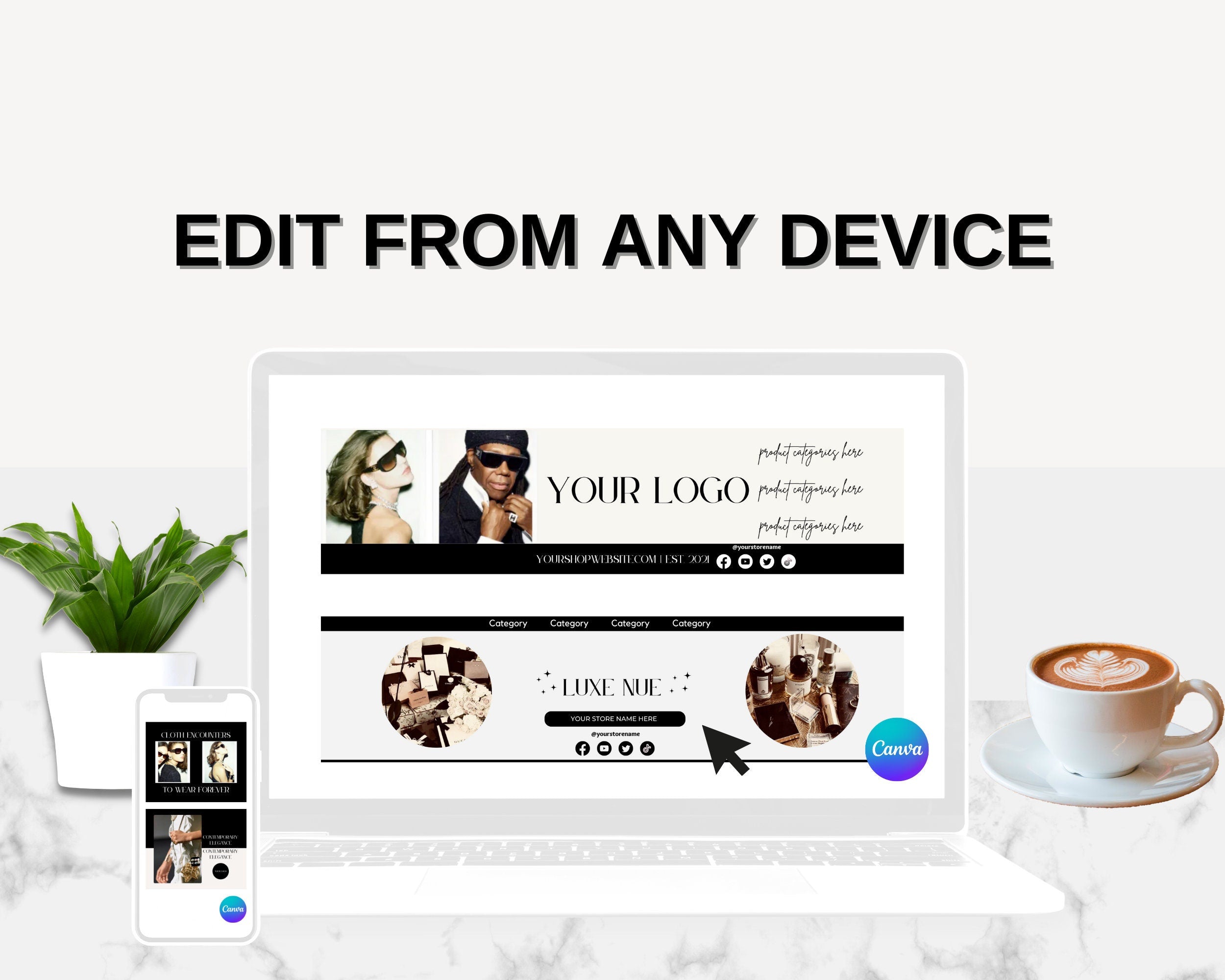 Etsy Shop Kit Canva, Branding and Logo Kit Modern Black and White, Etsy Shop Banner, Etsy Listing Photos, Fashion Etsy Shop Branding Bundle