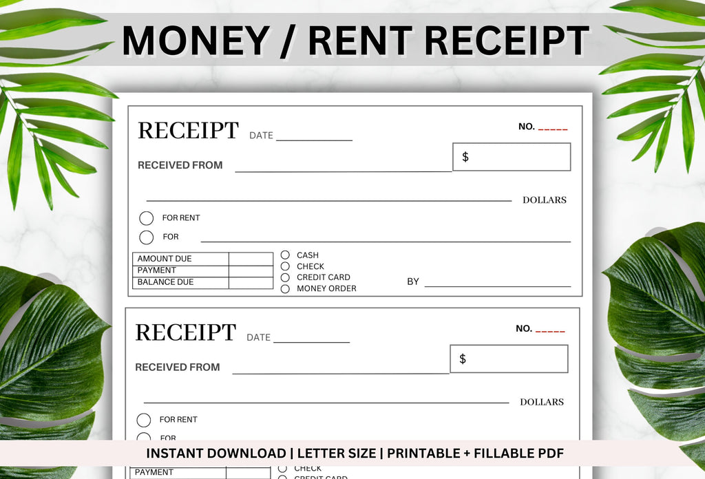 PRINTABLE Money or Rent Receipt | Cash Receipt | Sales Receipt | Business Receipt | Rental Receipt | Printable Receipt | Receipt Form | PDF