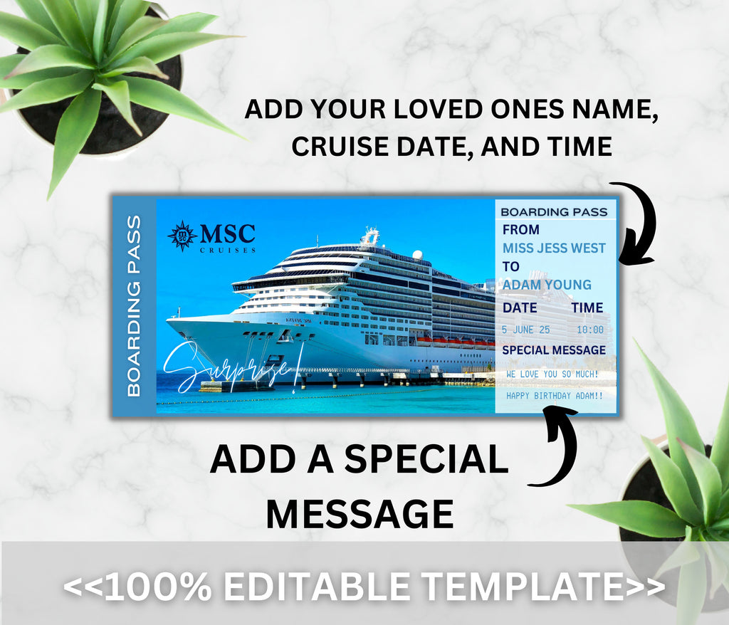 Editable Cruise Boarding Pass Template, Surprise Vacation Ticket (Digital Download)
