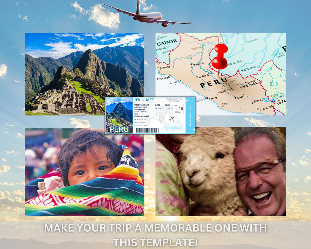 EDITABLE Peru Surprise Boarding Ticket Template Pass, Peru Canva Boarding Pass, Plane Ticket to Ride Vacation Trip Flight Gift Coupon Vol. 1