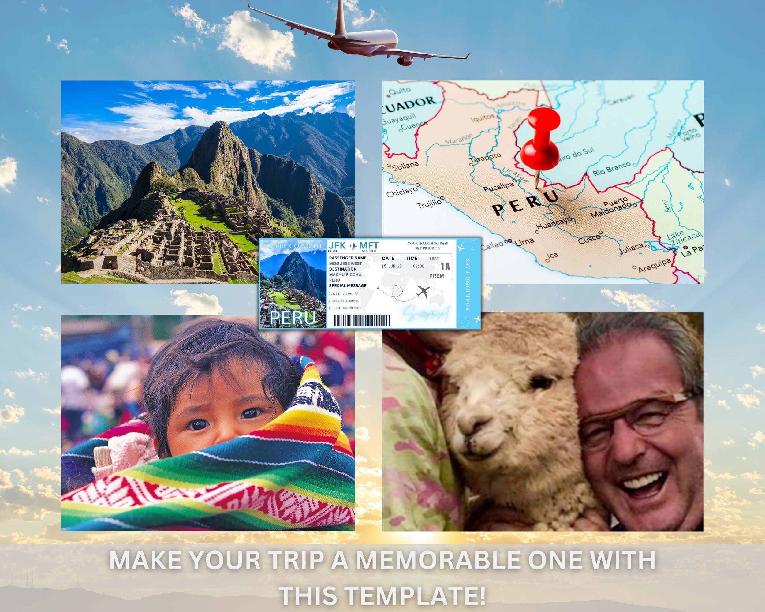 EDITABLE Peru Surprise Boarding Ticket Template Pass, Peru Canva Boarding Pass, Plane Ticket to Ride Vacation Trip Flight Gift Coupon Vol. 1