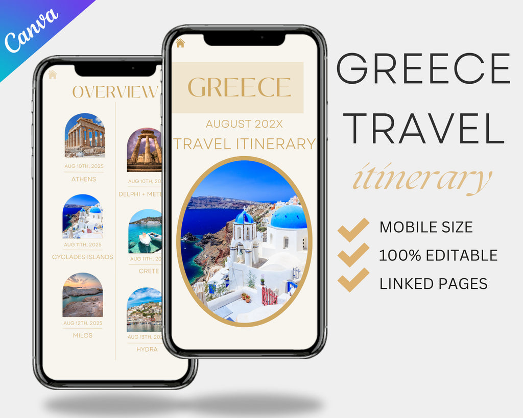 Travel Itinerary Mobile Template Modern Minimal Classic, Editable on Canva, Printable, Digital Template Download, Traveling Guide GREECE