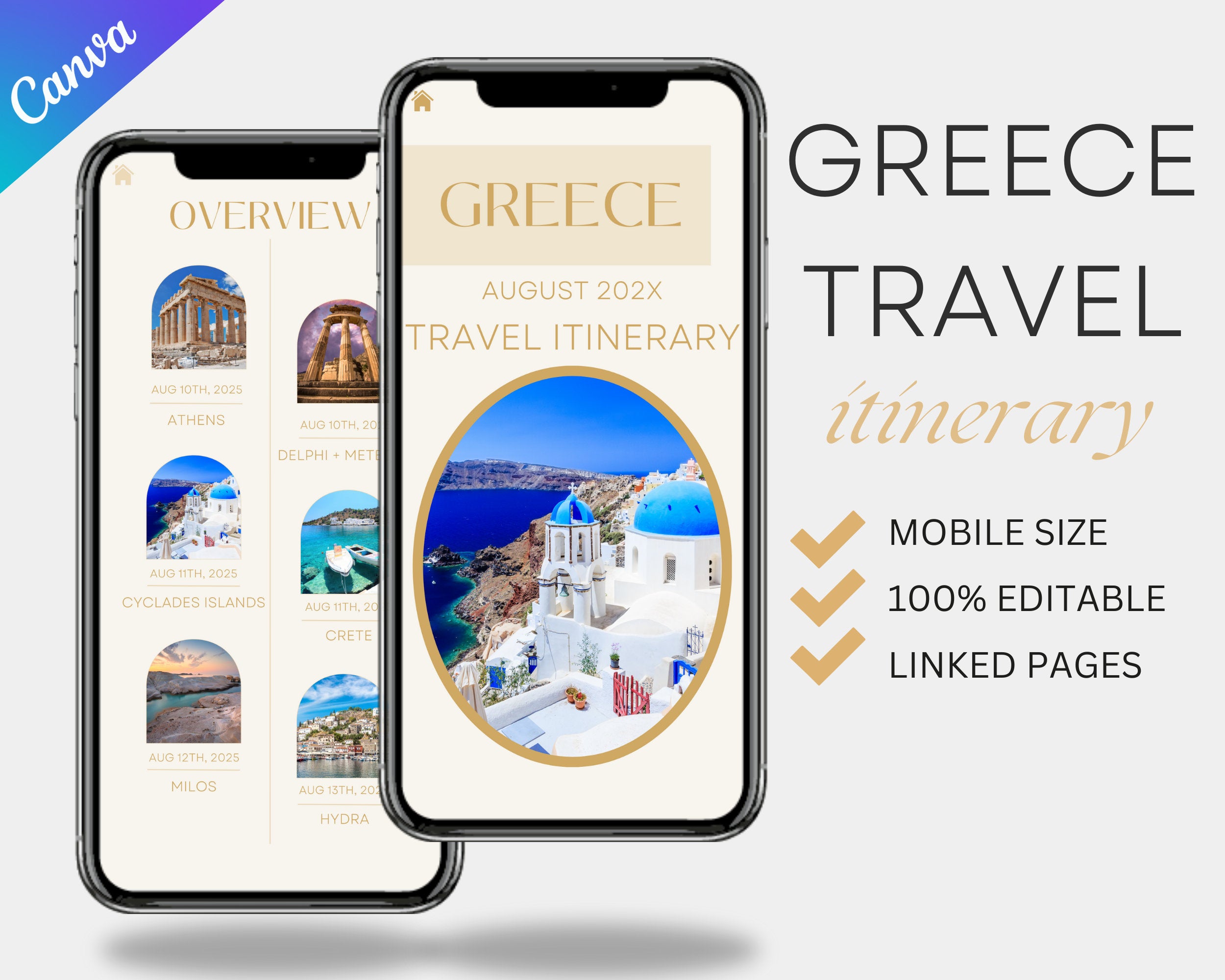 Travel Itinerary Mobile Template Modern Minimal Classic, Editable on Canva, Printable, Digital Template Download, Traveling Guide GREECE