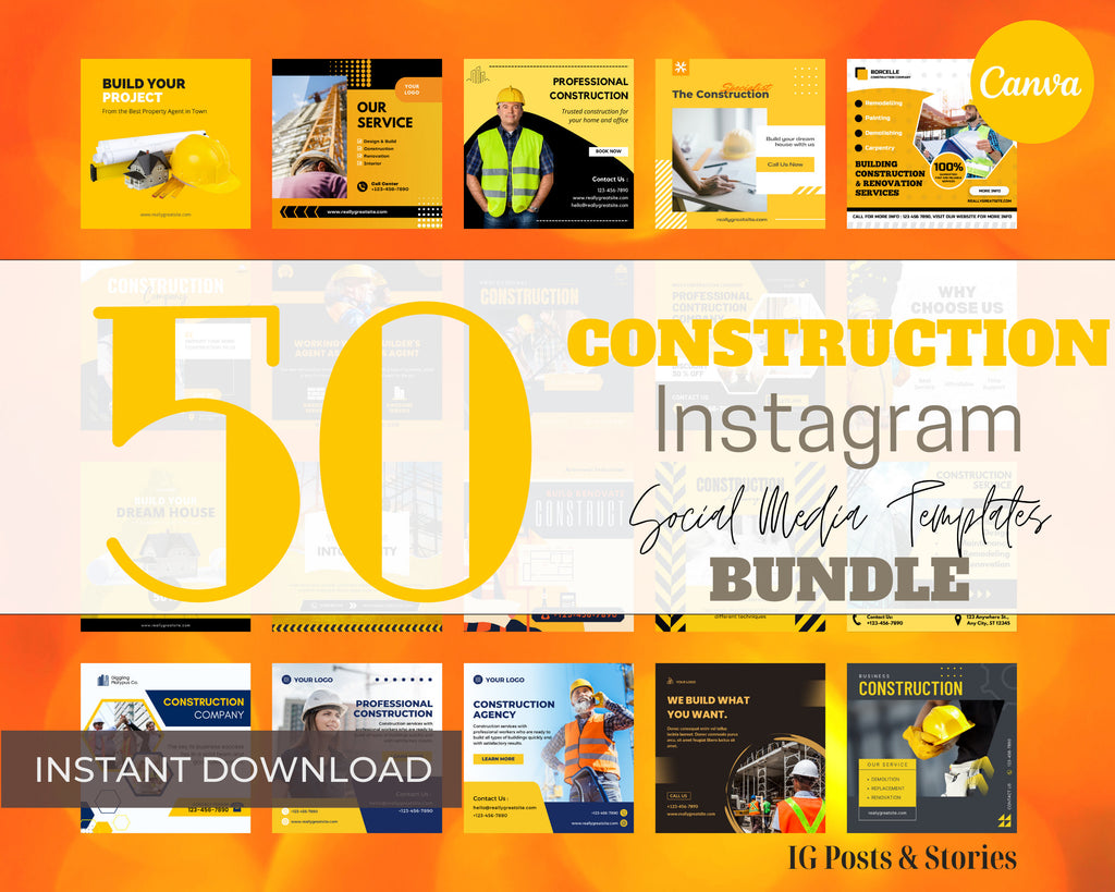 50+ Construction Templates for Social Media,Home Builders Instagram Template,Construction Company Templates, Canva Instant Digital Download