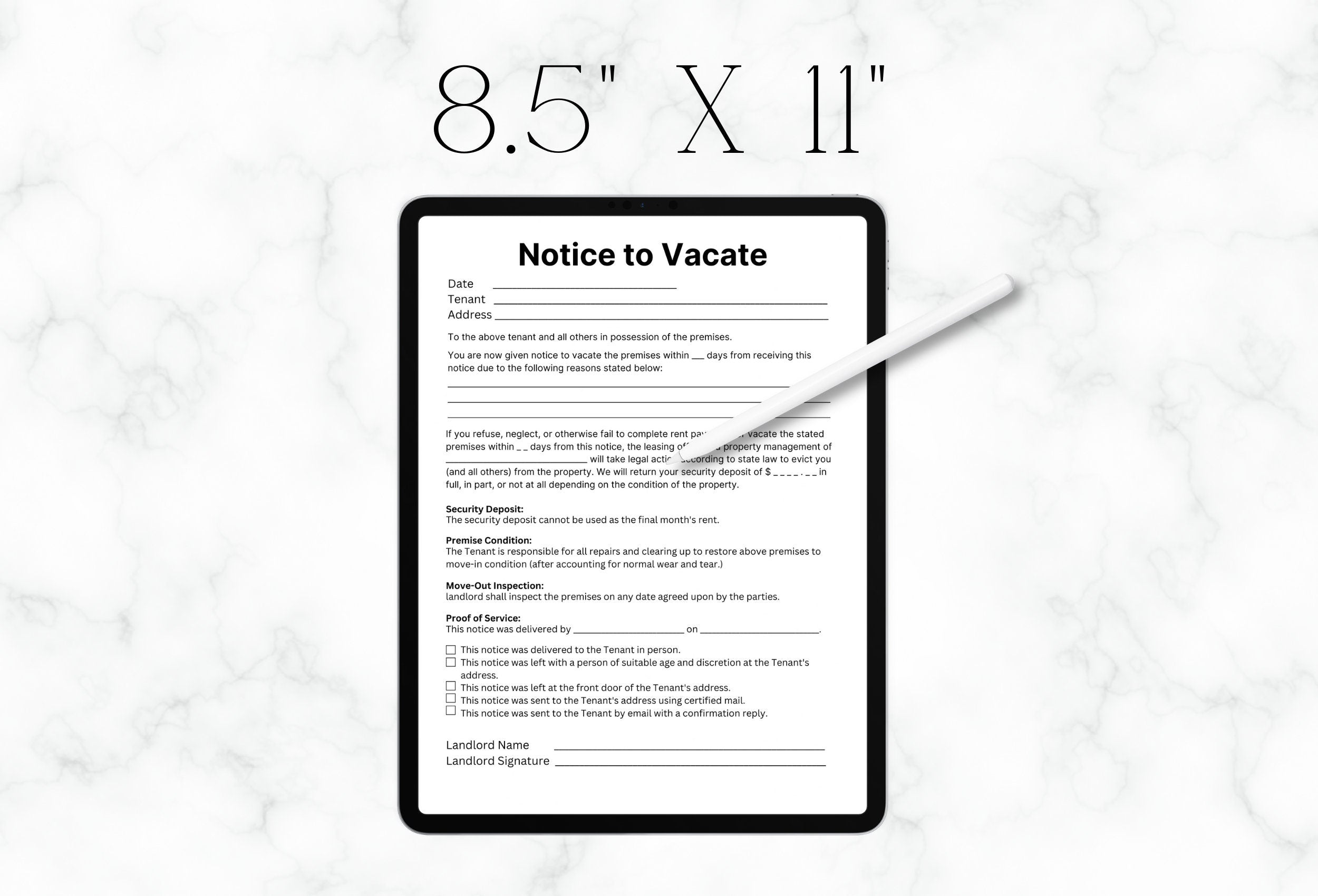 Notice to Vacate Template, Eviction Letter, Landlord Forms (PDF)