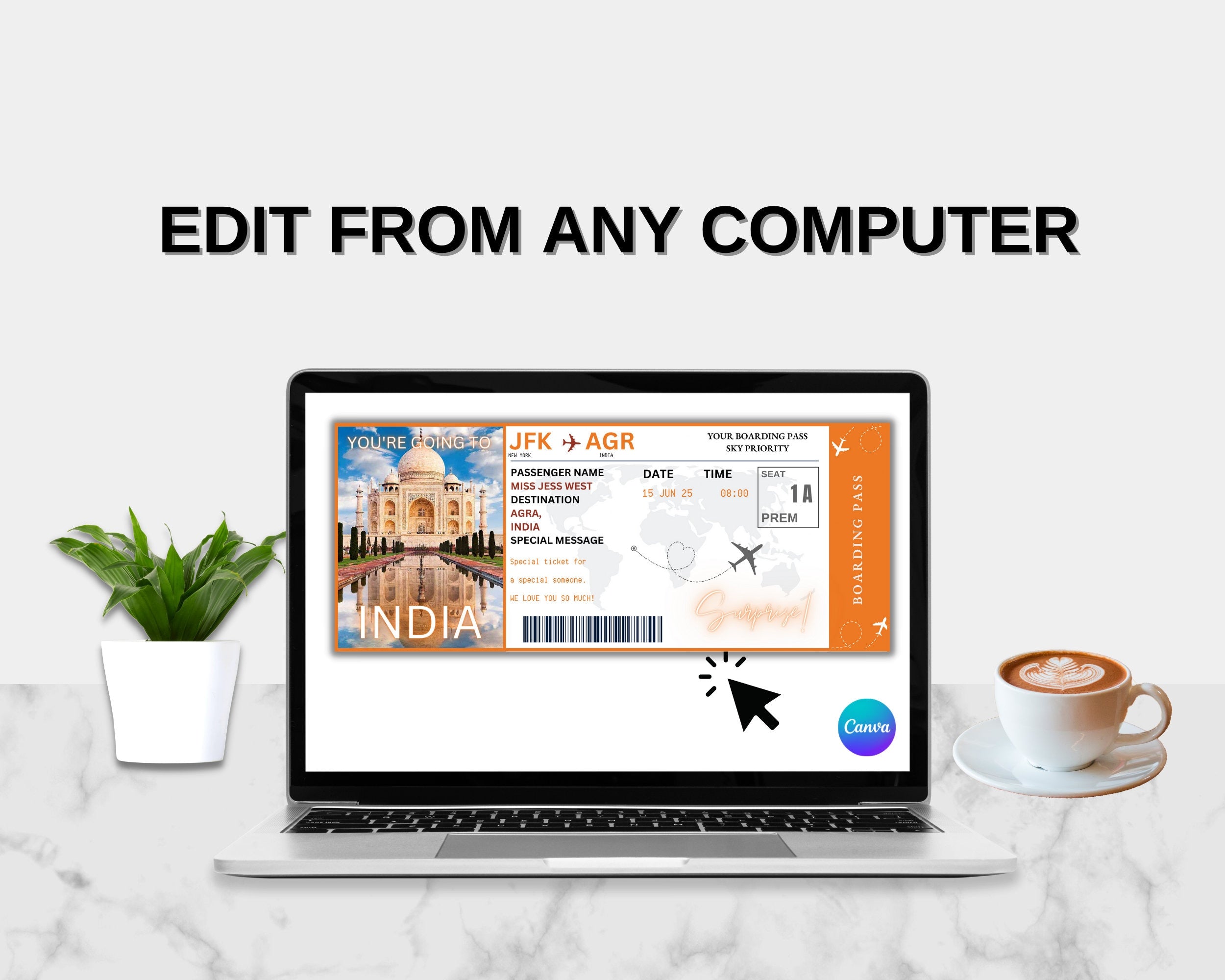 EDITABLE India Surprise Boarding Ticket Template Pass,India Canva Boarding Pass,Plane Ticket to Ride Vacation Trip Flight Gift Coupon Vol. 1