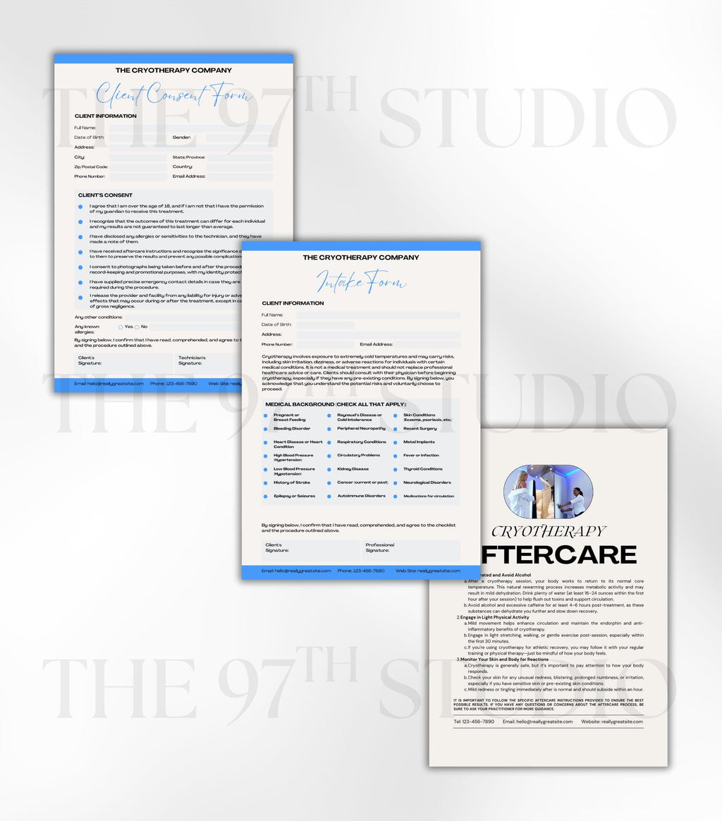 Cryotherapy Business Forms, Cryotherapy Client Intake Forms, Cryotherapy Aftercare, Consent Form, Cryotherapy Aftercare Instructions Card