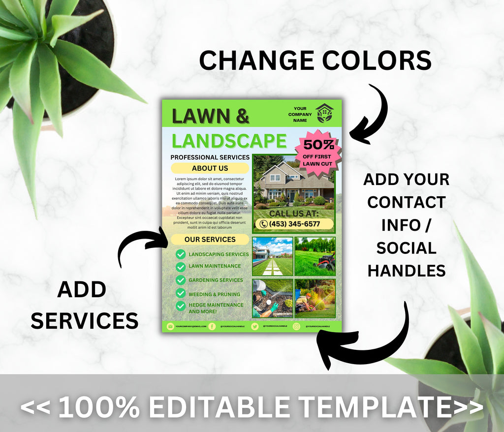 Lawn Care Flyer, Landscaping Services, DIY Template (Canva)