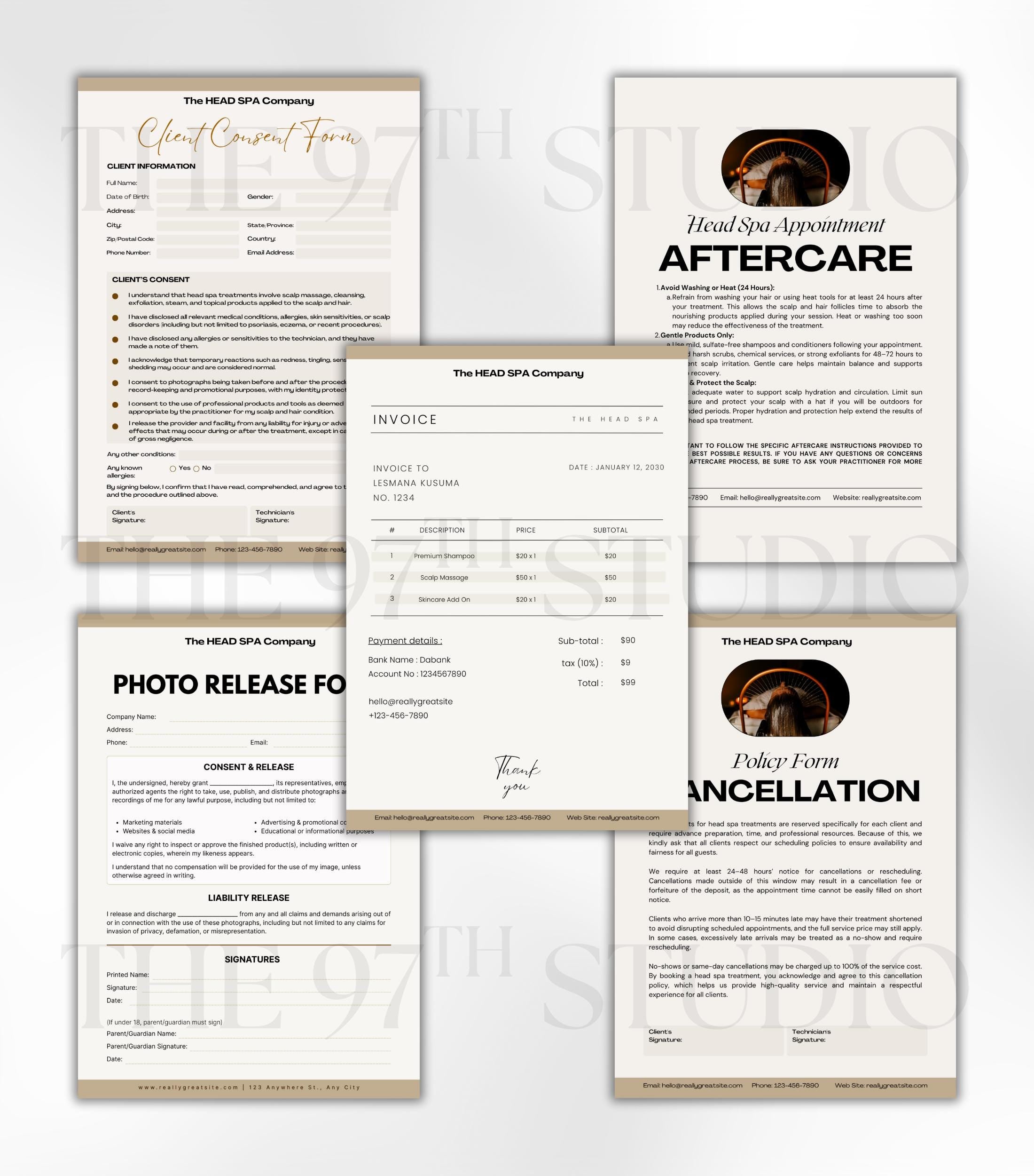 Headspa Business Forms, Headspa Consultation Forms, Headspa Therapy Aftercare, Consent Form, Aftercare Instructions, Photo Release Forms