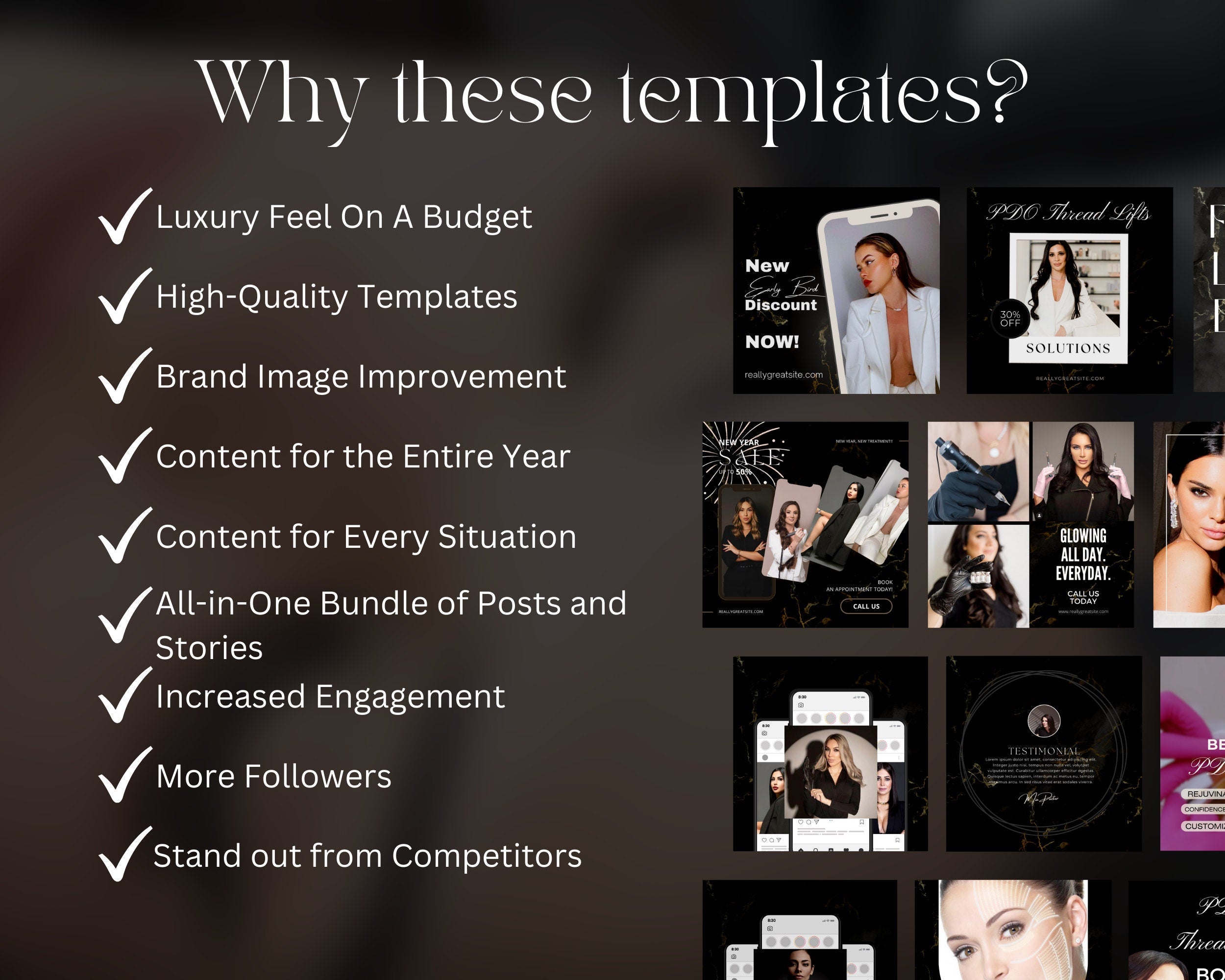 100 PDO Threads Instagram Templates | Nurse Injector Instagram | Facial Thread Lift Instagram | Medspa | Face Lift | Thread Lift | Luxury