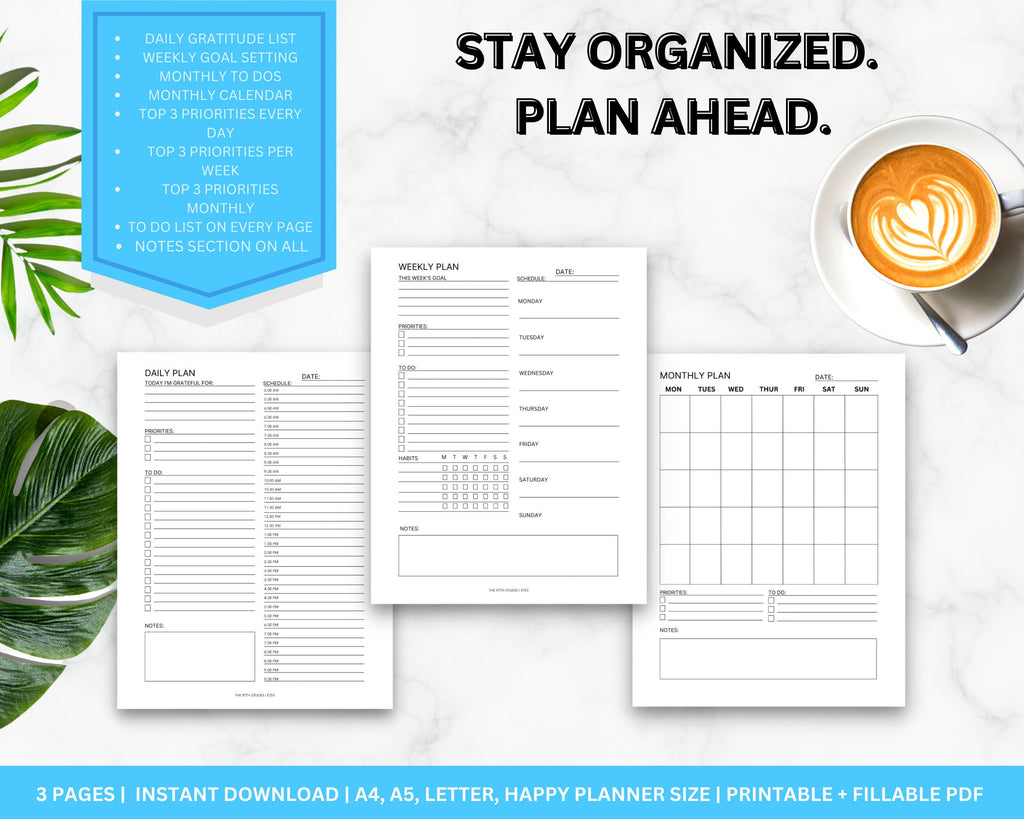 Daily, Weekly, Monthly Planner Printable Set (Instant Download)