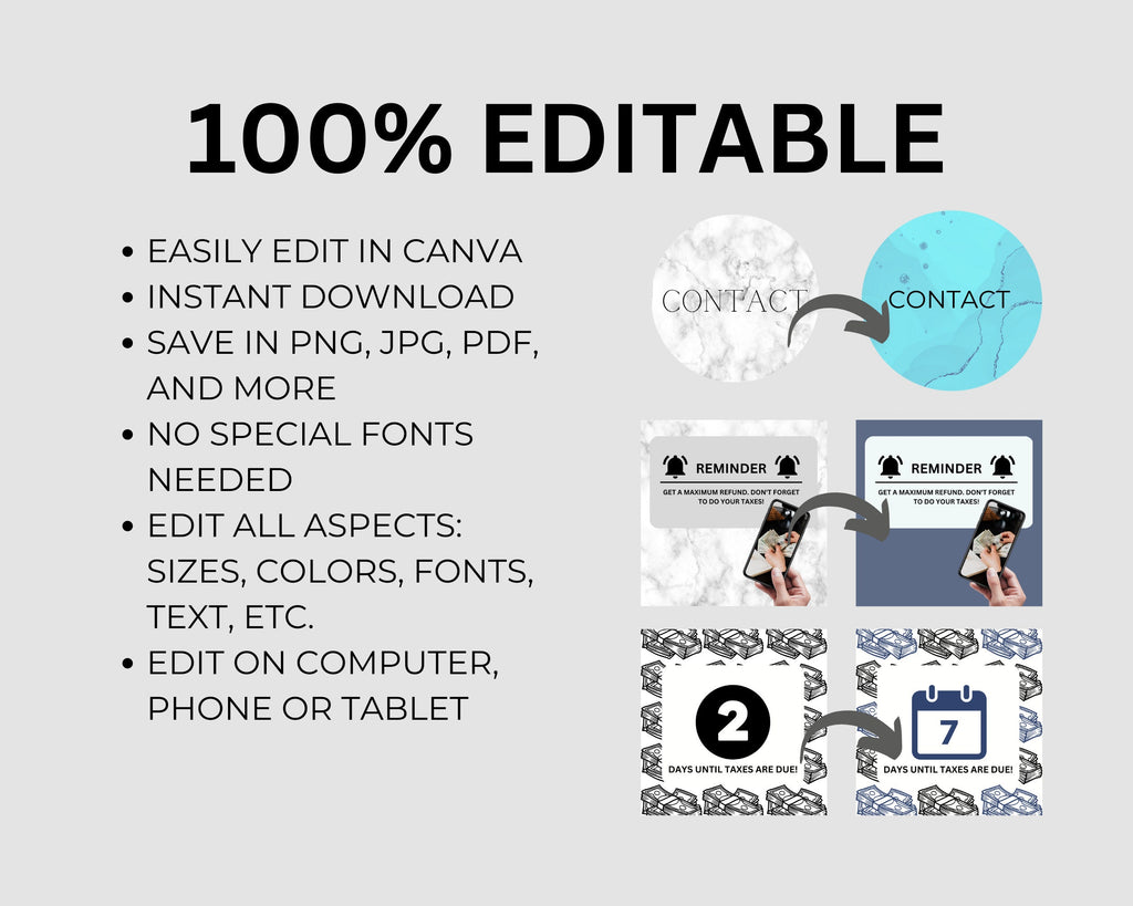Tax Preparer Instagram Template, Marble Social Media Bundle (Canva)