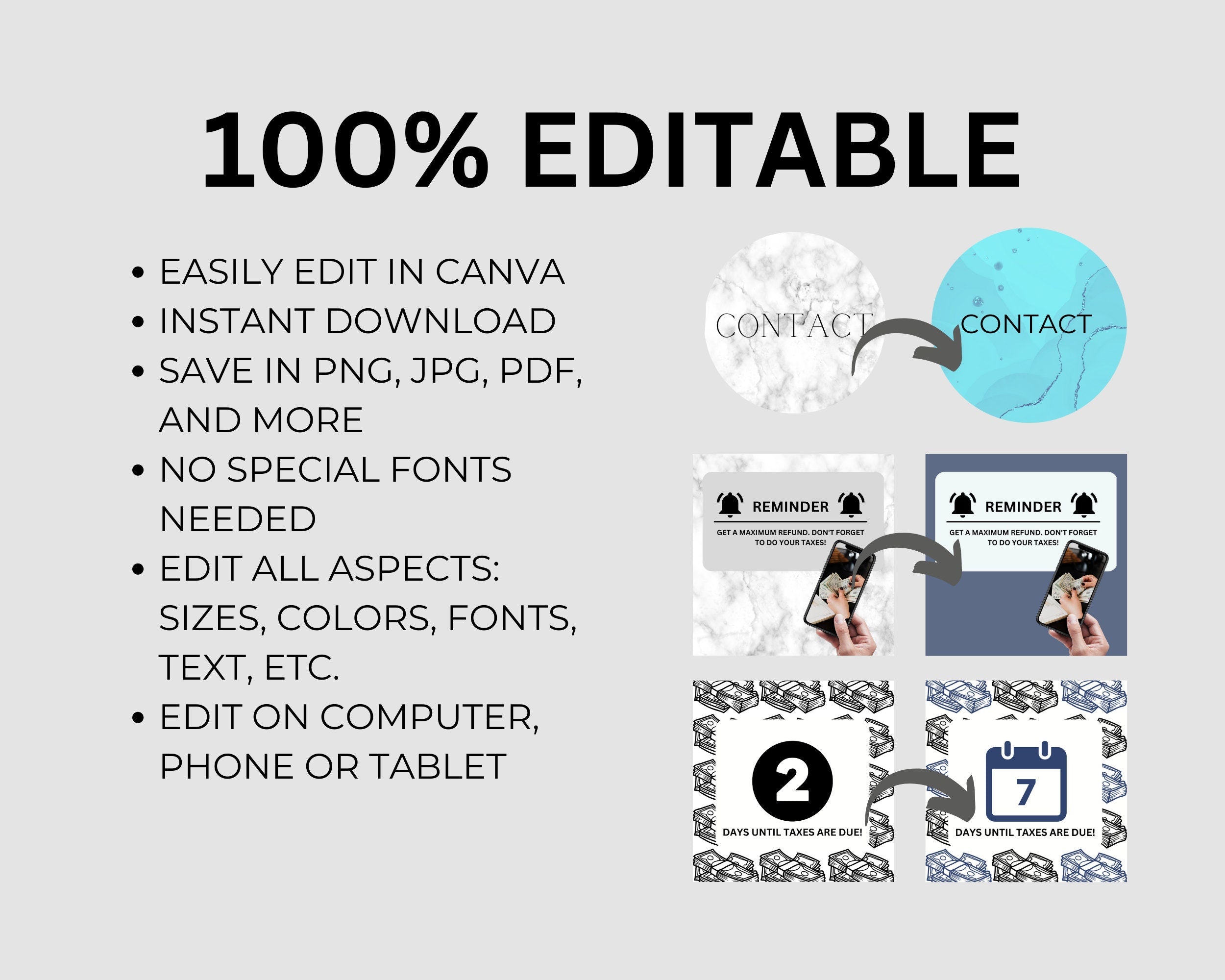 Tax Preparer Instagram Template, Marble Social Media Bundle (Canva)
