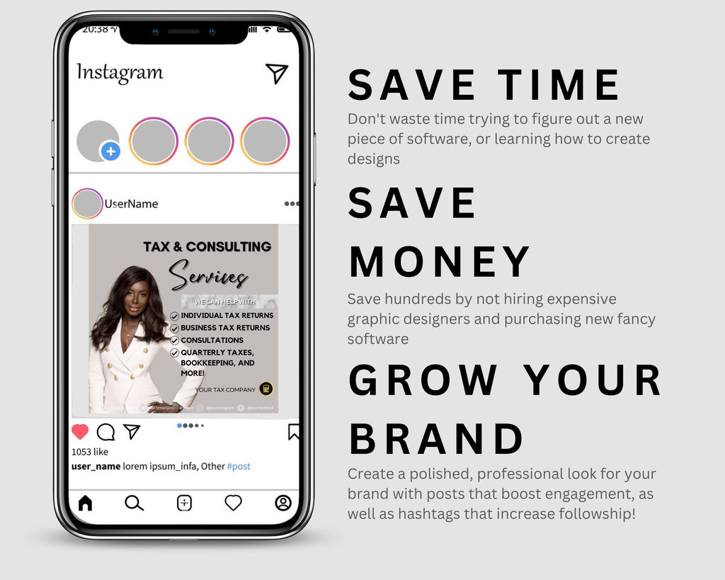 Tax Preparer Instagram Template, Marble Social Media Bundle (Canva)