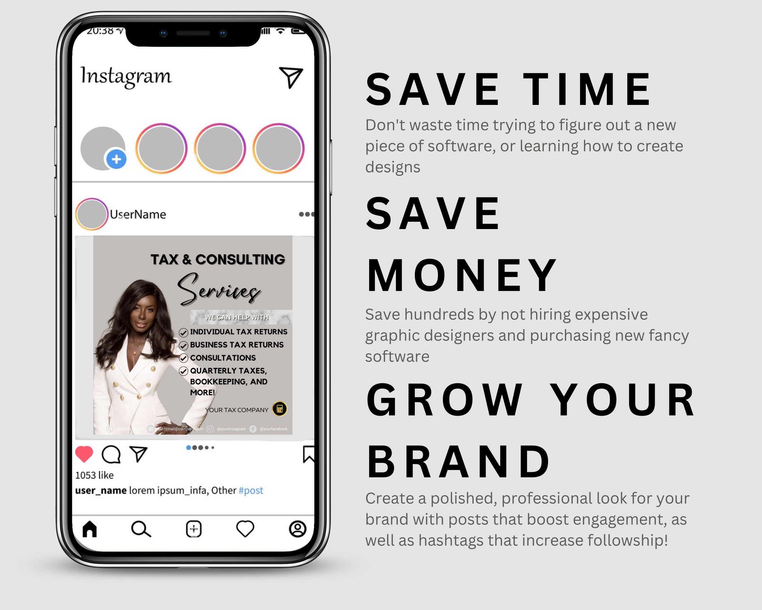 Tax Preparer Instagram Template, Marble Social Media Bundle (Canva)