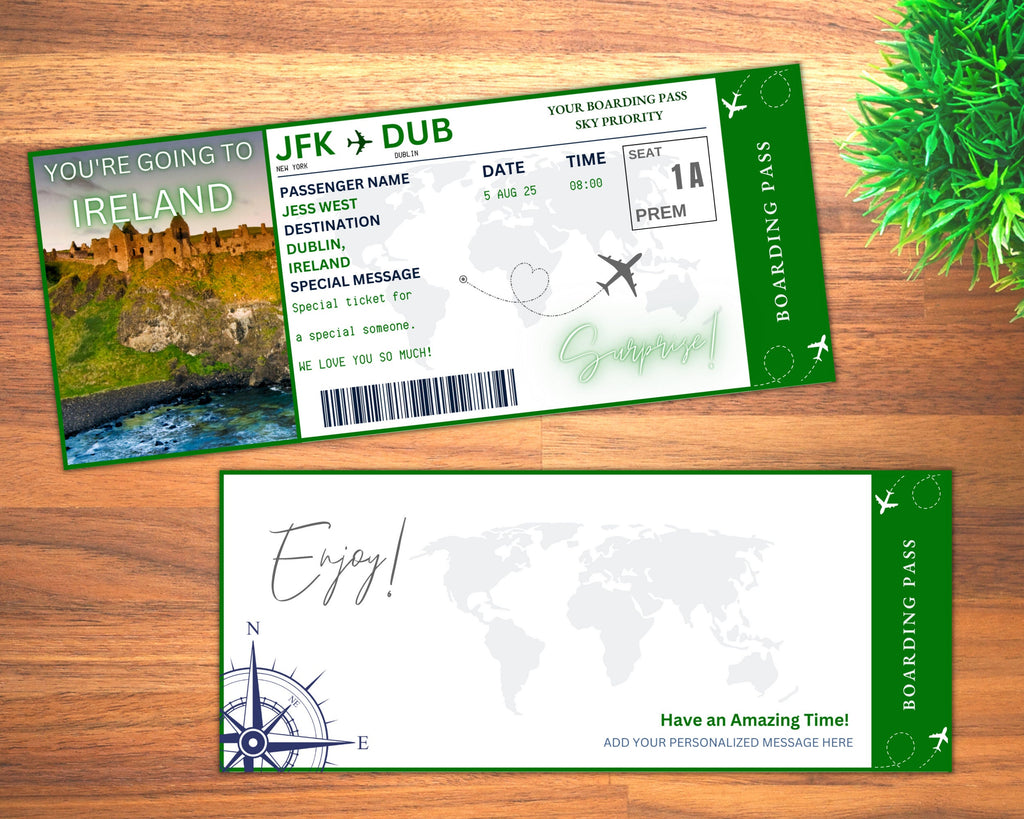 Ireland Surprise Boarding Pass Template, Editable Canva Ticket (Digital Download)