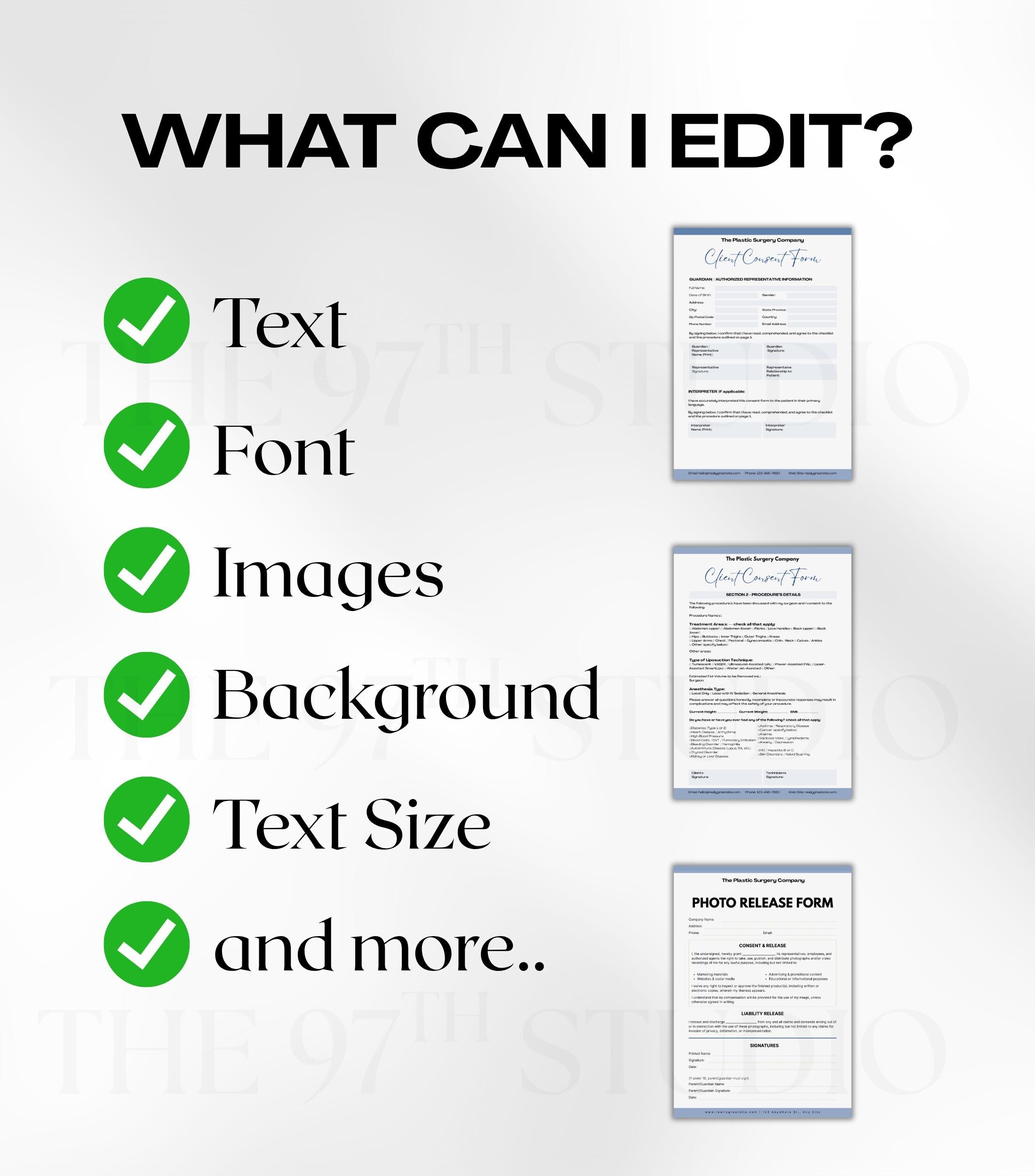 LIPOSUCTION Forms Bundle, Plastic Surgery Client Intake, Consent, Photo Release, Aftercare Forms (Canva Template) Medical Form Templates