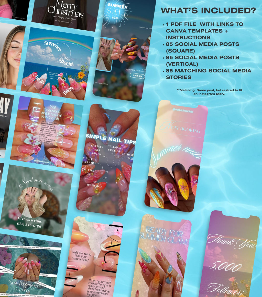 Nail Tech Instagram Templates | Nail Tech Instagram Posts | Nail Tech Instagram Posts | Summer Nails Social Media Posts | SUMMER EDITION