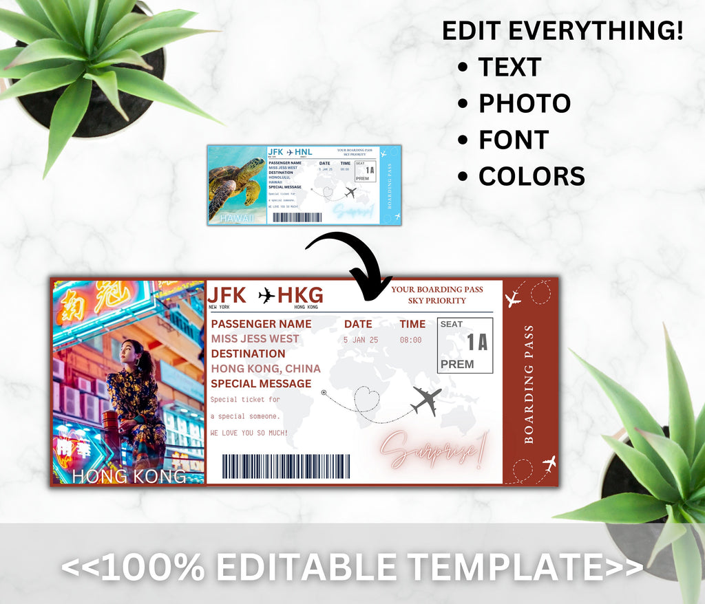 Editable Hawaii Boarding Pass Template, Surprise Vacation (Digital Download)