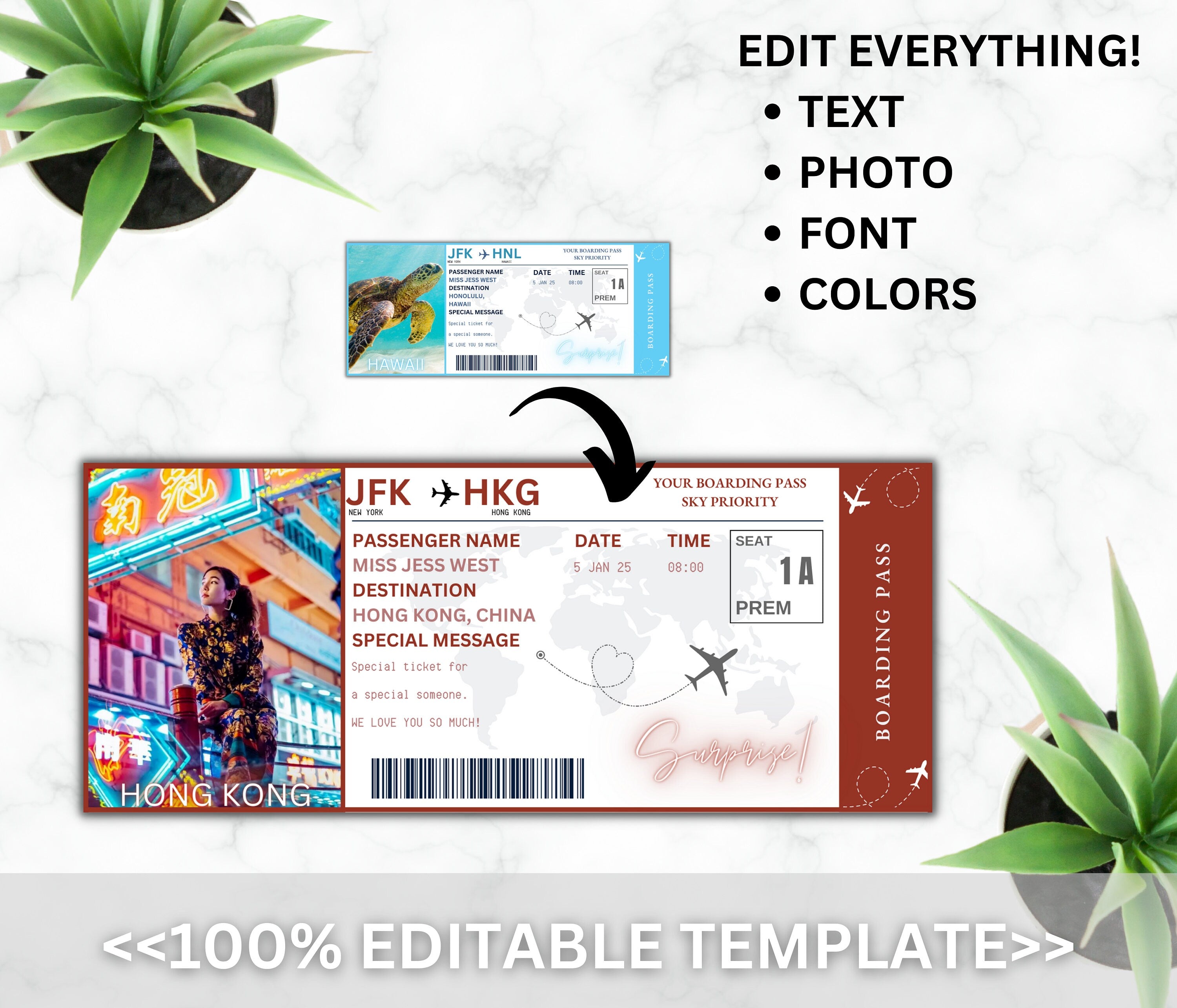 Editable Hawaii Boarding Pass Template, Surprise Vacation (Digital Download)