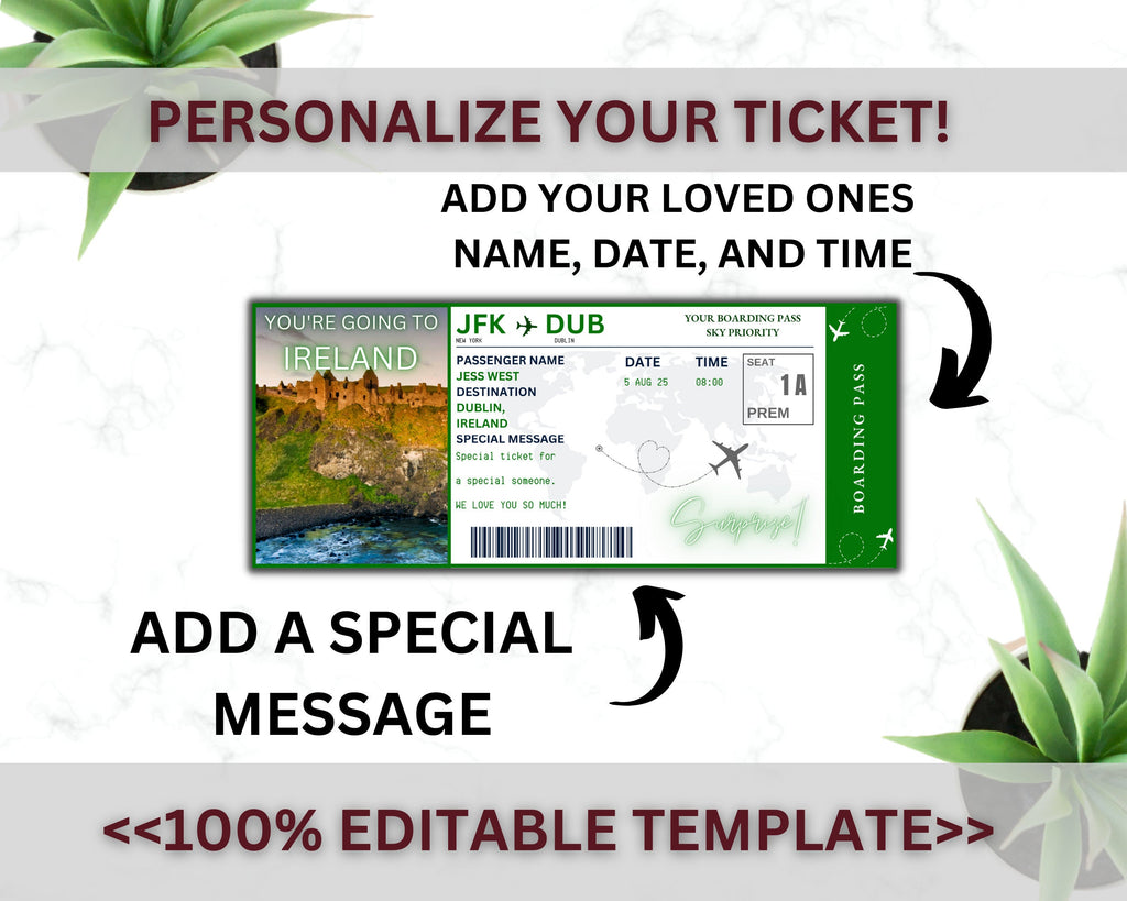 Ireland Surprise Boarding Pass Template, Editable Canva Ticket (Digital Download)